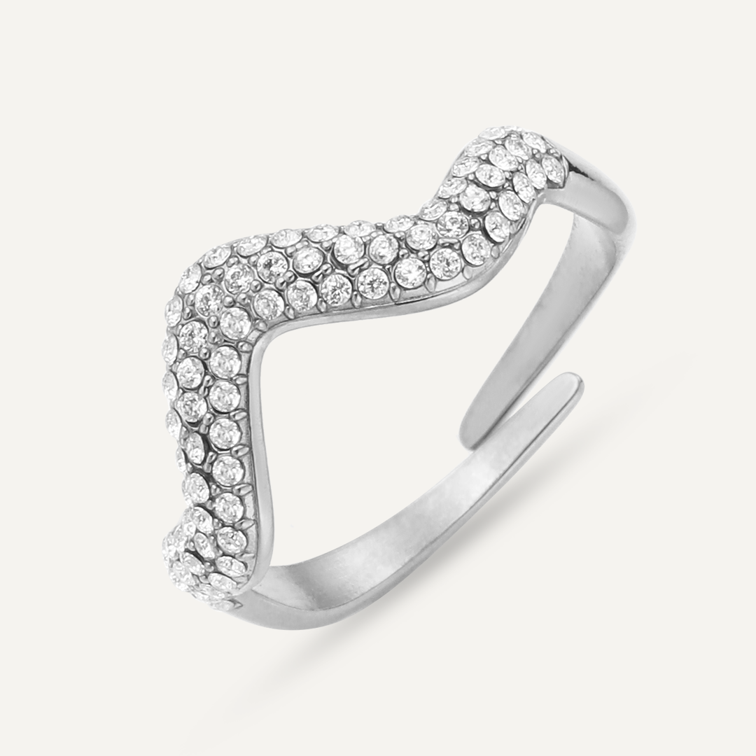 Vibes V-Shape Pave Adjustable Ring, White Gold-Plated Stainless Steel