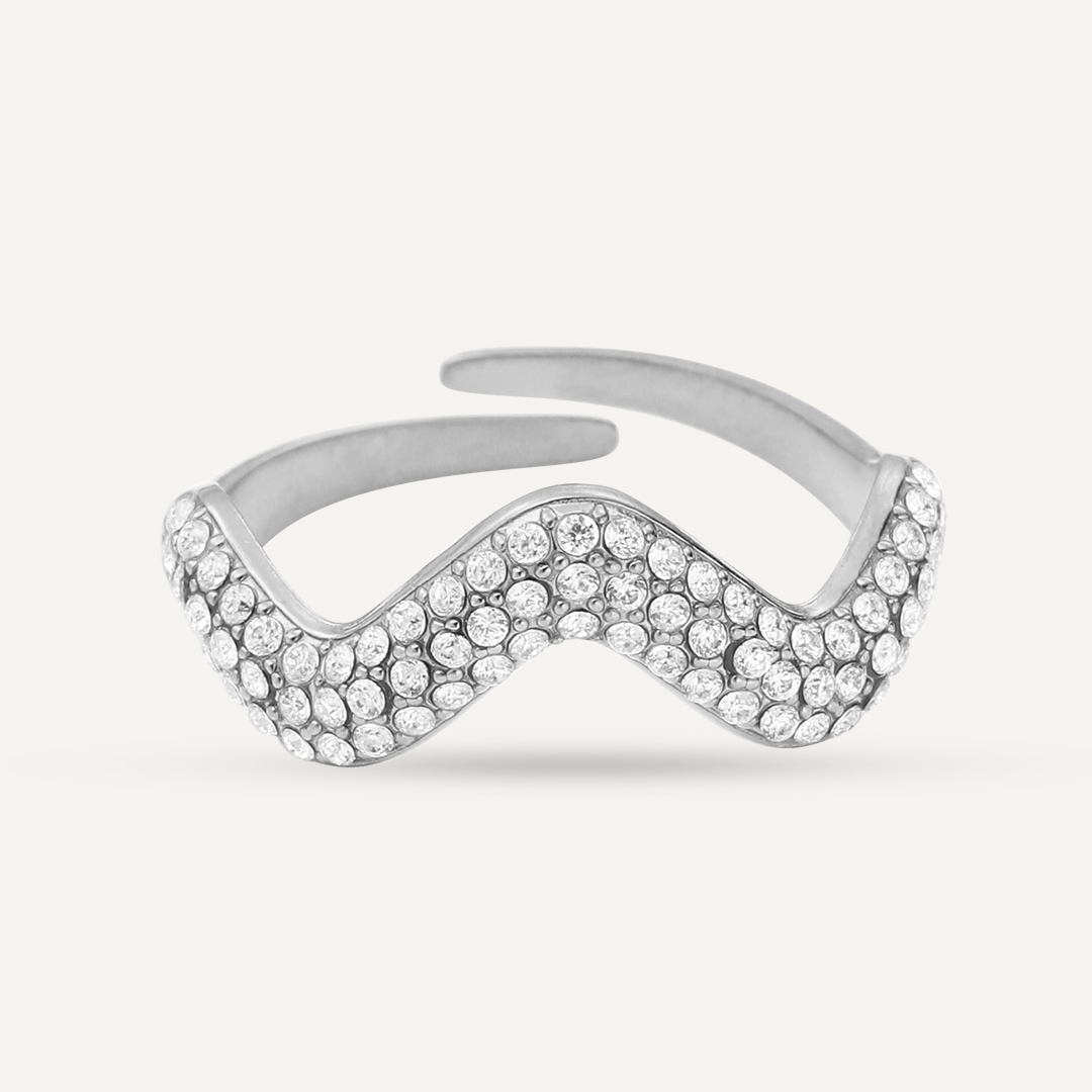 Vibes V-Shape Pave Adjustable Ring, White Gold-Plated Stainless Steel