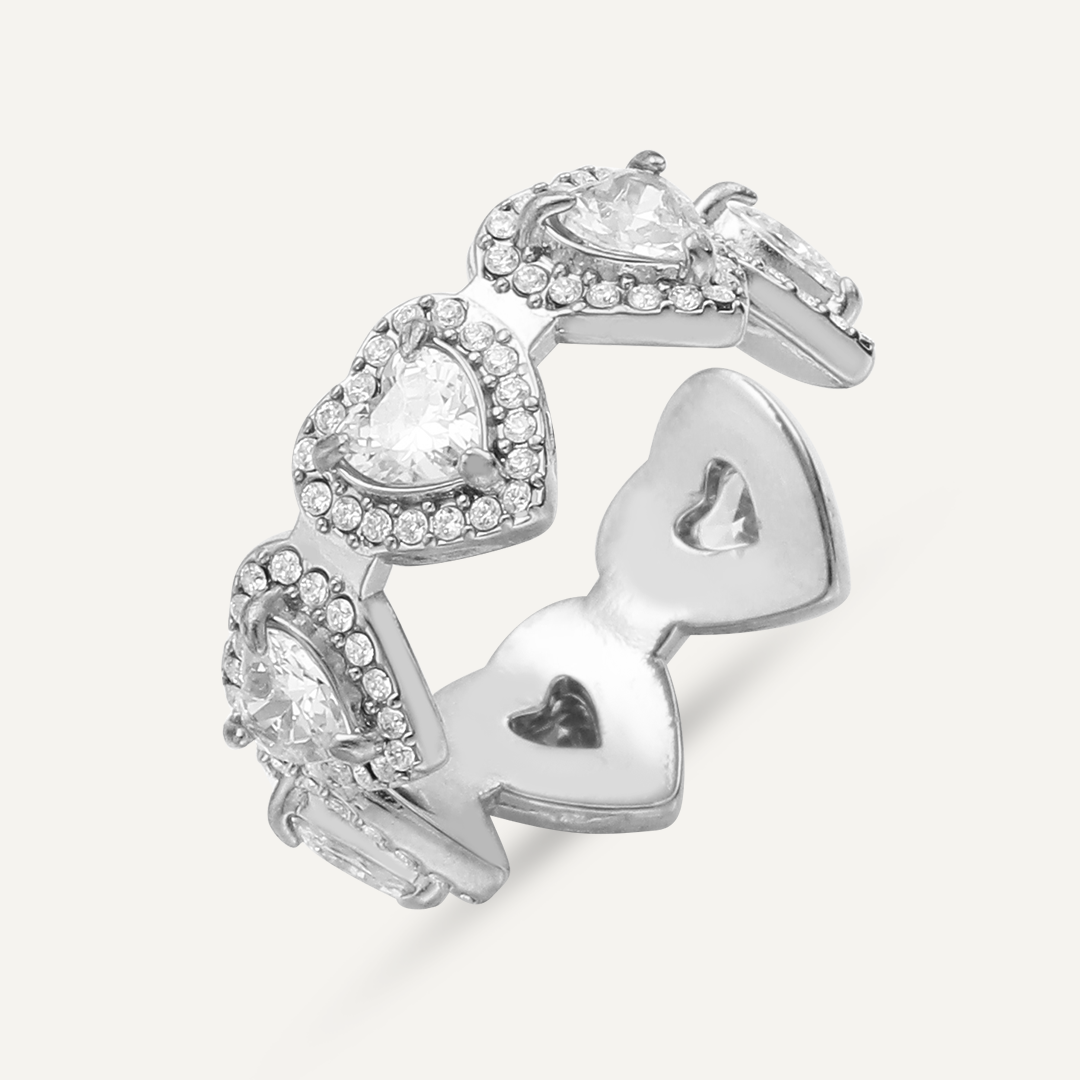 Vibes Crystal Heart Adjustable Ring, White Gold-Plated Stainless Steel
