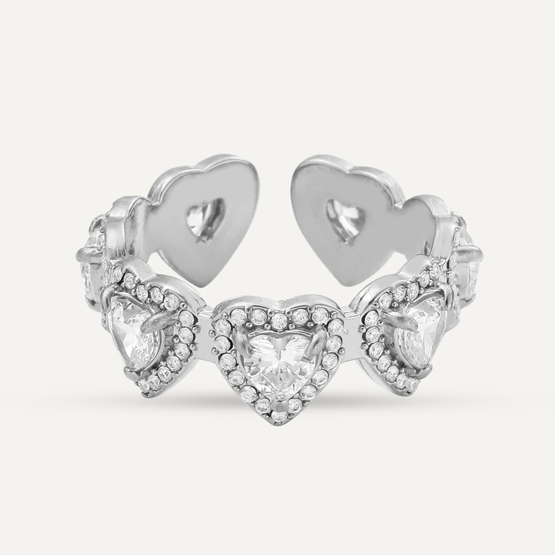 Vibes Crystal Heart Adjustable Ring, White Gold-Plated Stainless Steel