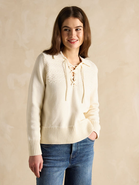 Annie Cream Lace Up Collared Cotton Jumper