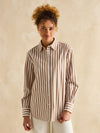 Amilla Tan & White Stripe Longline Relaxed Fit Shirt