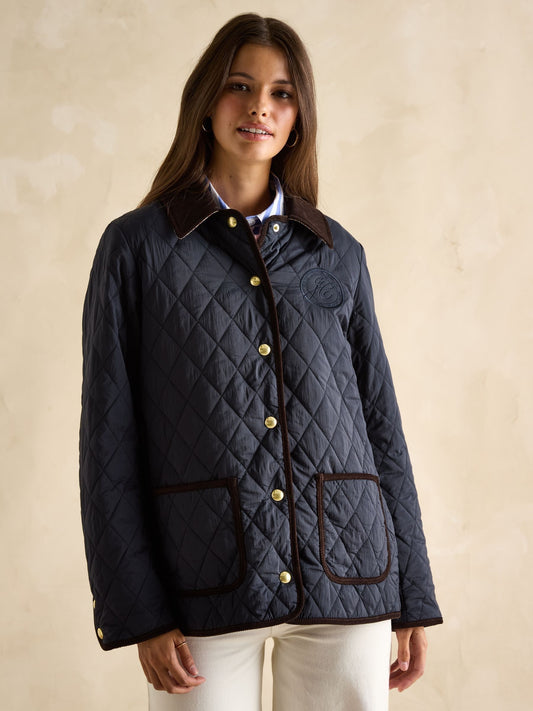 Quinn Navy Showerproof Diamond Quilted Coat