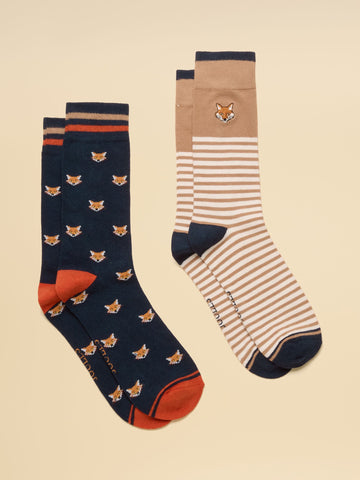 Men's Kingsbury Tan & Navy Fox Socks 2 Pack (size 7-12)
