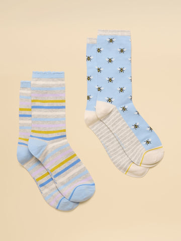 Women's Everyday Blue Bee Cotton Blend Socks 2 Pack