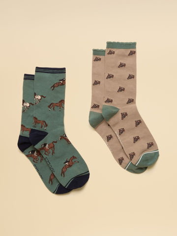 Women's Everyday Green & Neutral Horse Cotton Blend Socks 2 Pack