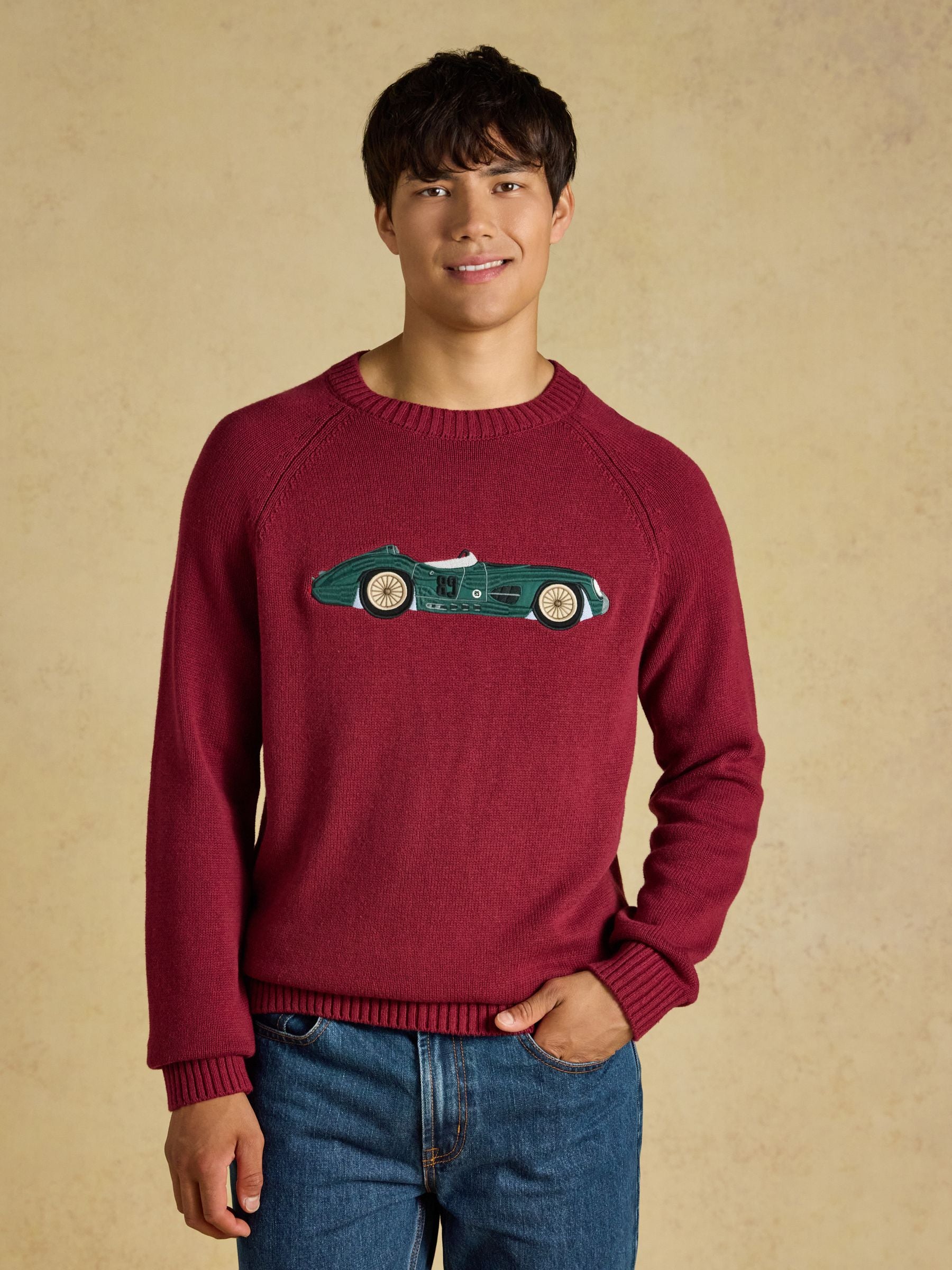 Intarsia Crew Neck Burgundy Car Jumper