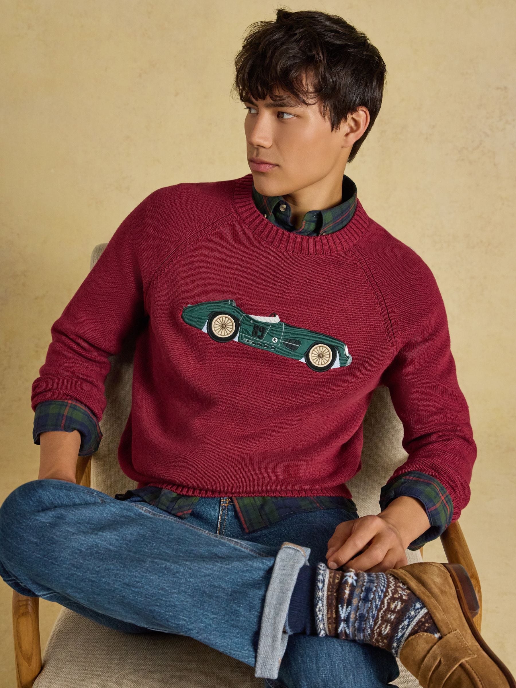 Intarsia Crew Neck Burgundy Car Jumper