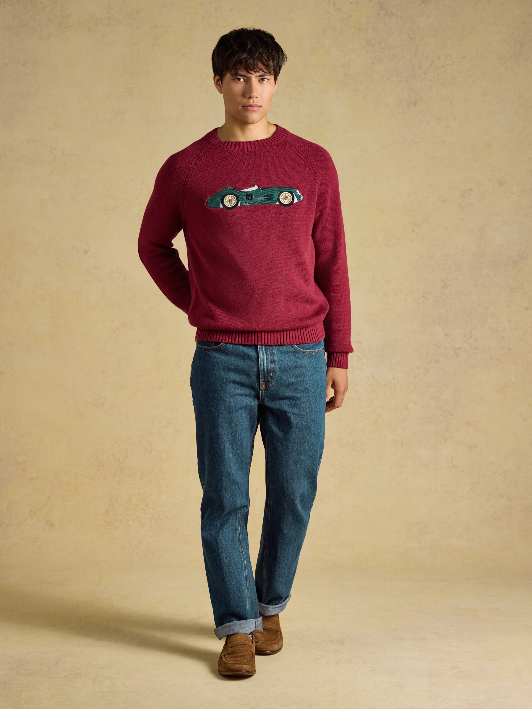 Intarsia Crew Neck Burgundy Car Jumper