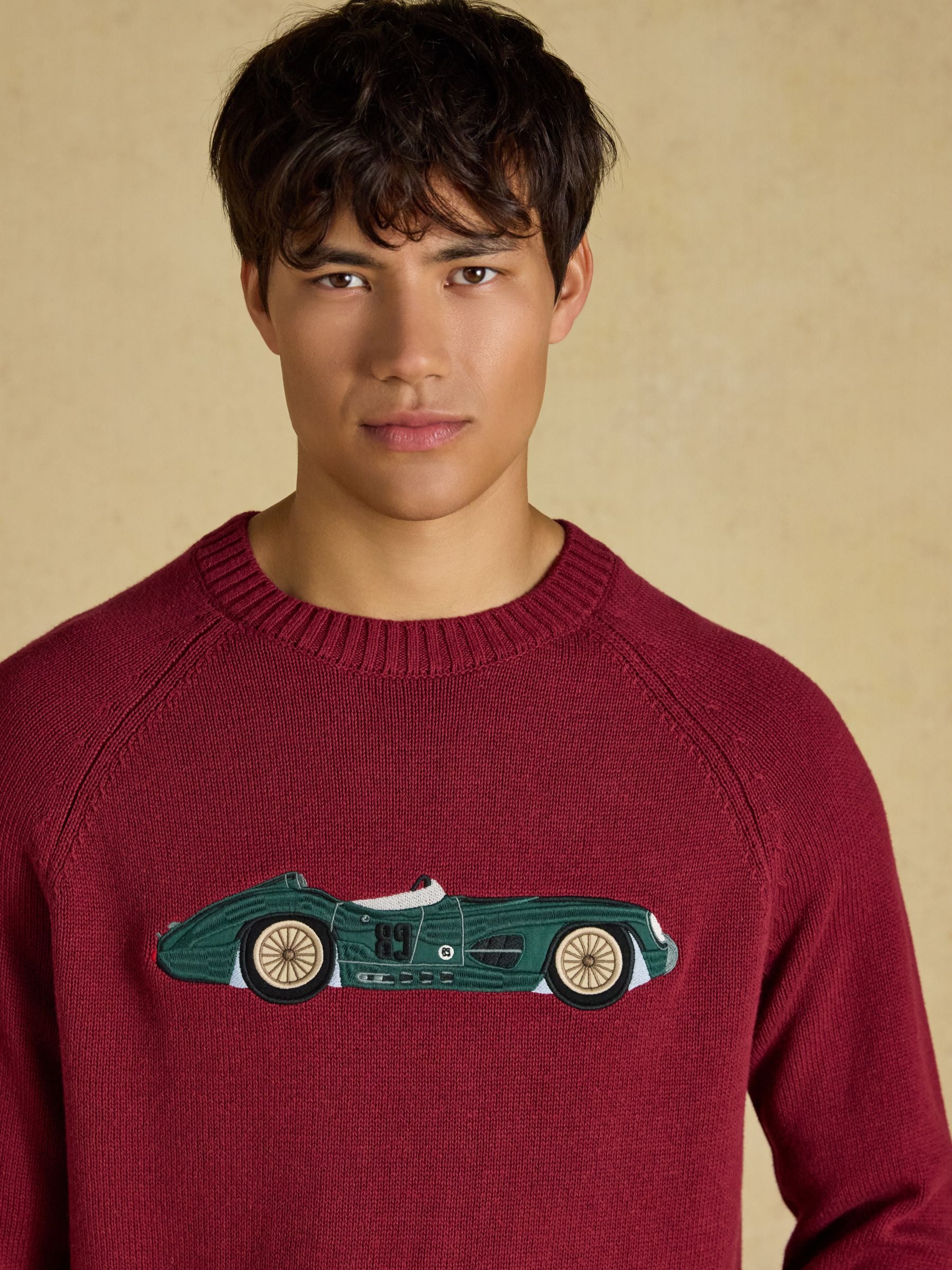 Intarsia Crew Neck Burgundy Car Jumper
