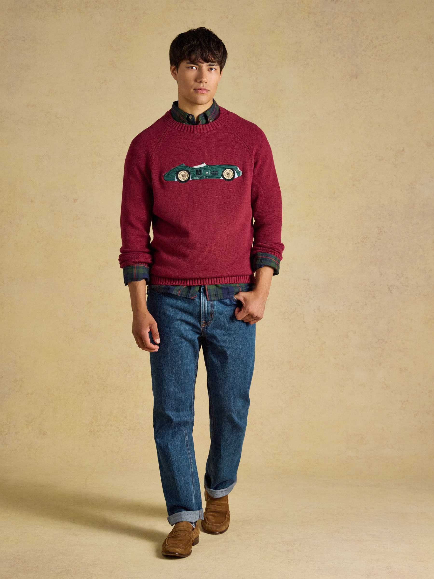 Intarsia Crew Neck Burgundy Car Jumper