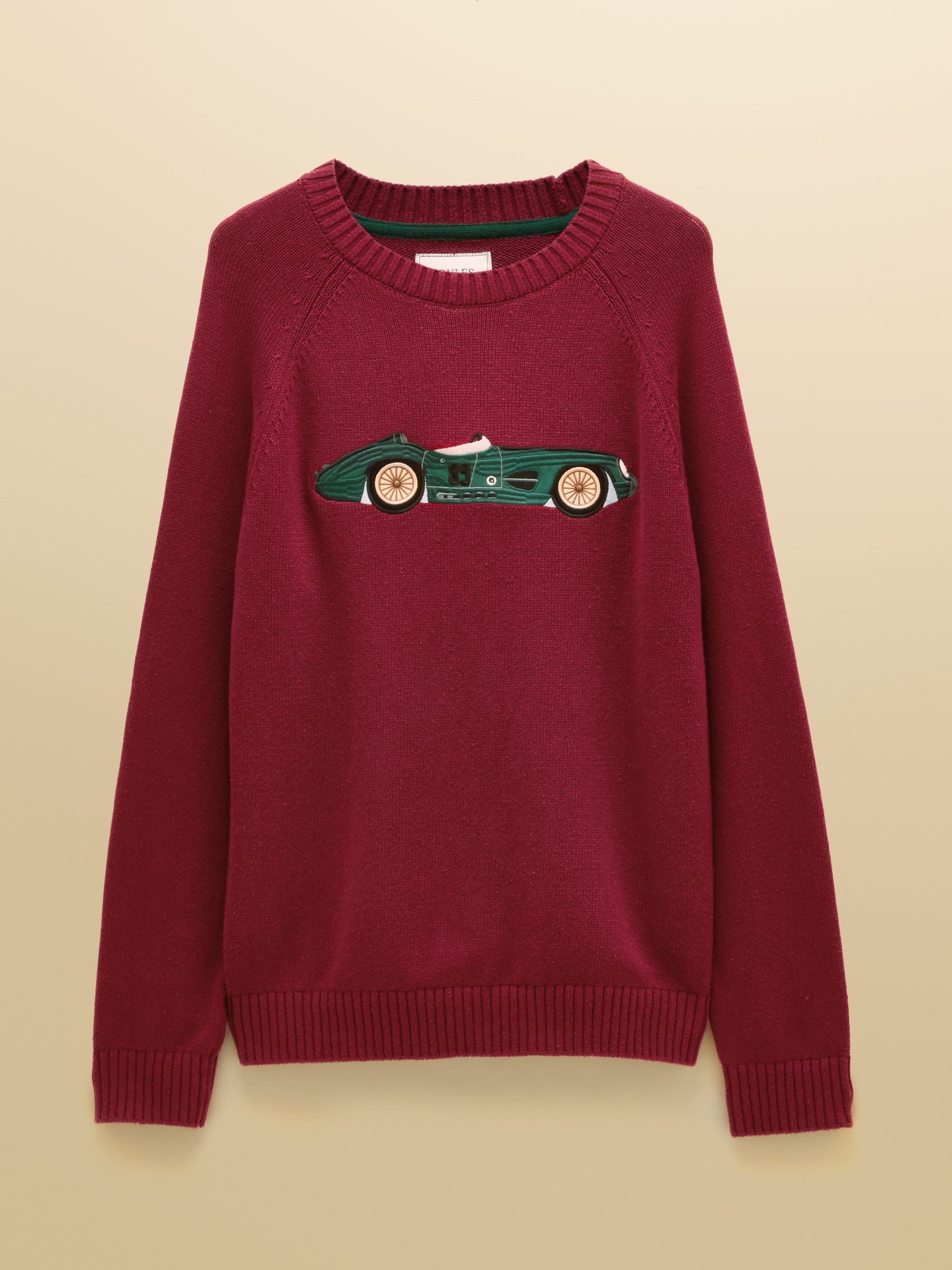 Intarsia Crew Neck Burgundy Car Jumper