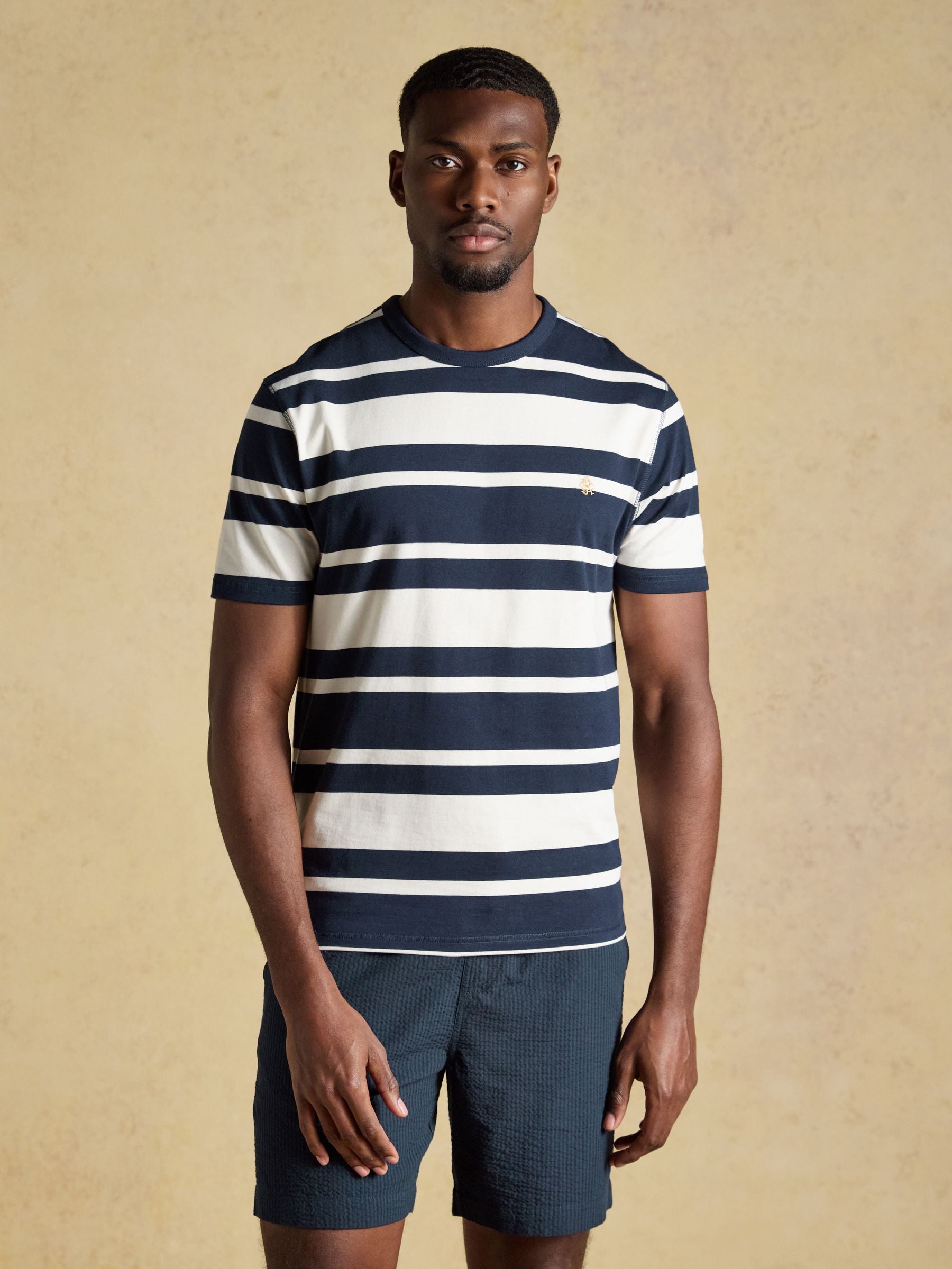 Rugby Club Navy & White Striped Crew Neck Cotton T-Shirt