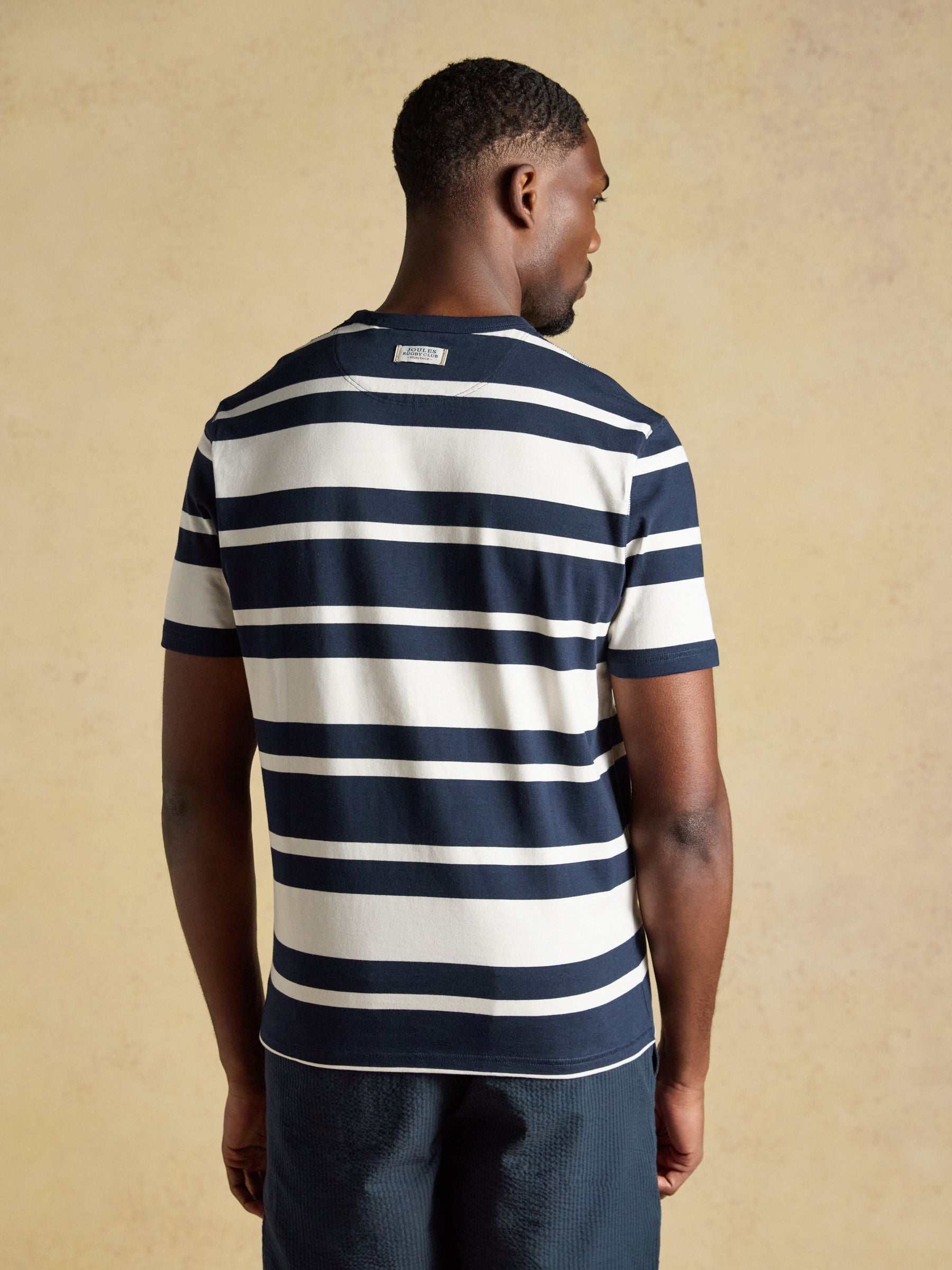 Rugby Club Navy & White Striped Crew Neck Cotton T-Shirt