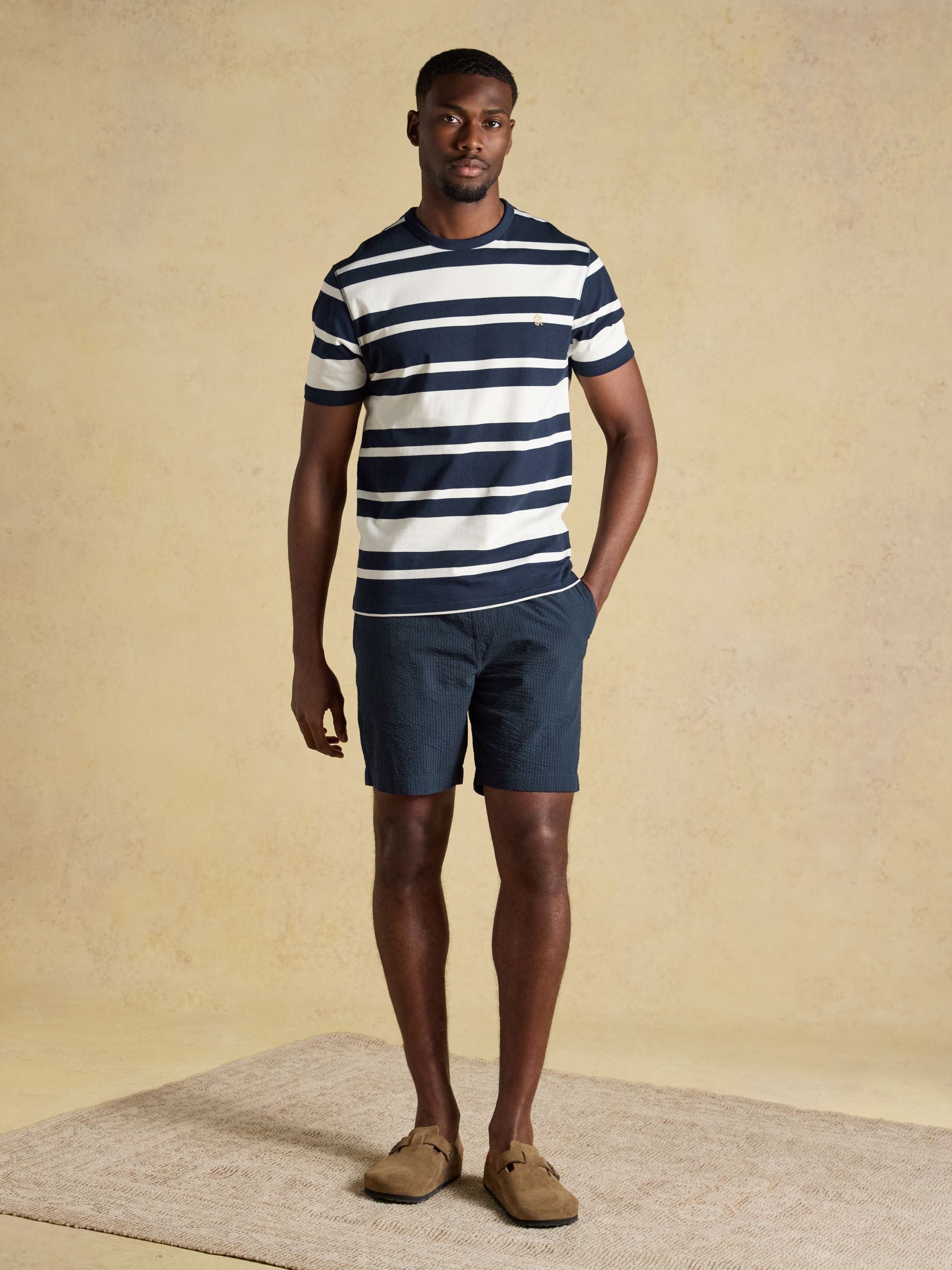 Rugby Club Navy & White Striped Crew Neck Cotton T-Shirt