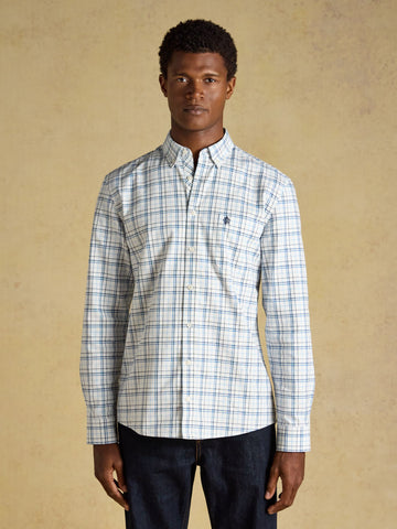 White & Blue Checked Classic Fit Cotton Oxford Shirt