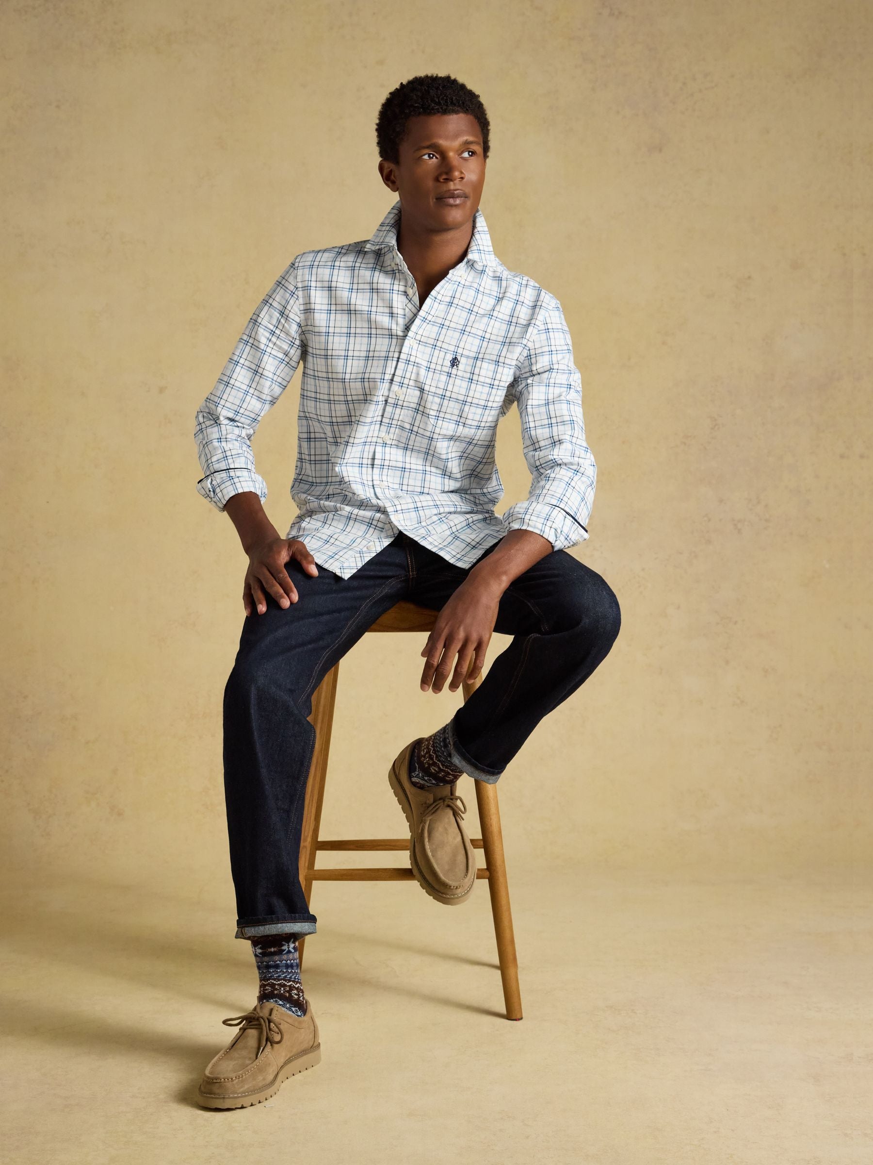 White & Blue Checked Classic Fit Cotton Oxford Shirt