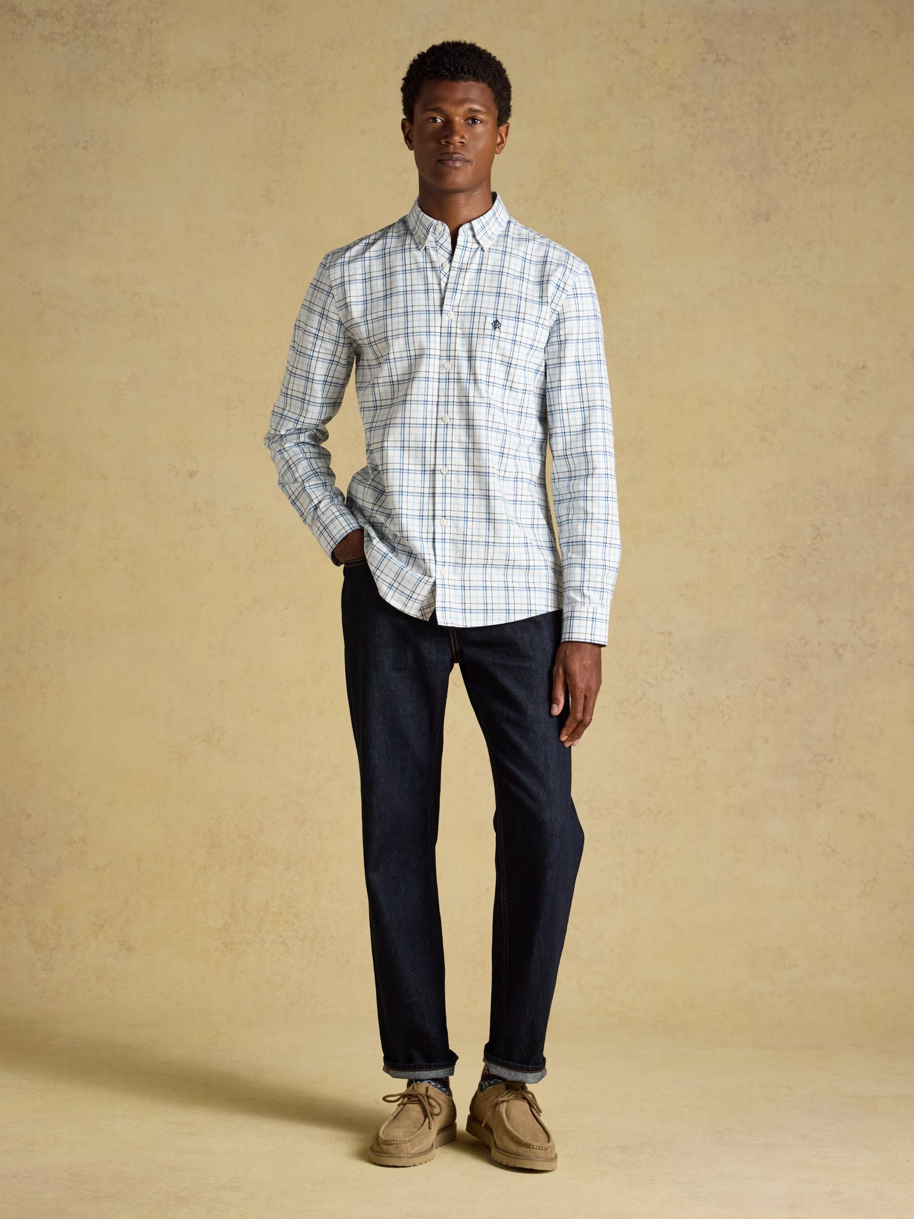 White & Blue Checked Classic Fit Cotton Oxford Shirt