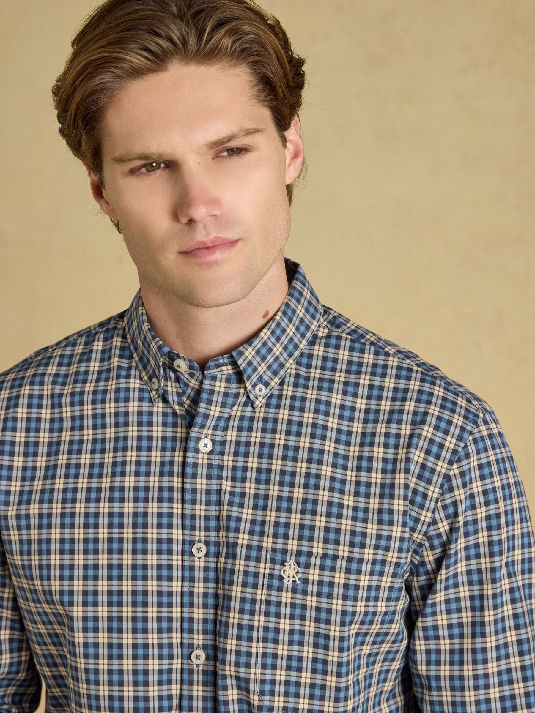 Blue Cotton Poplin Long Sleeve Check Shirt