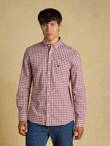 Cotton Poplin Long Sleeve Check Shirt - Burgundy Red