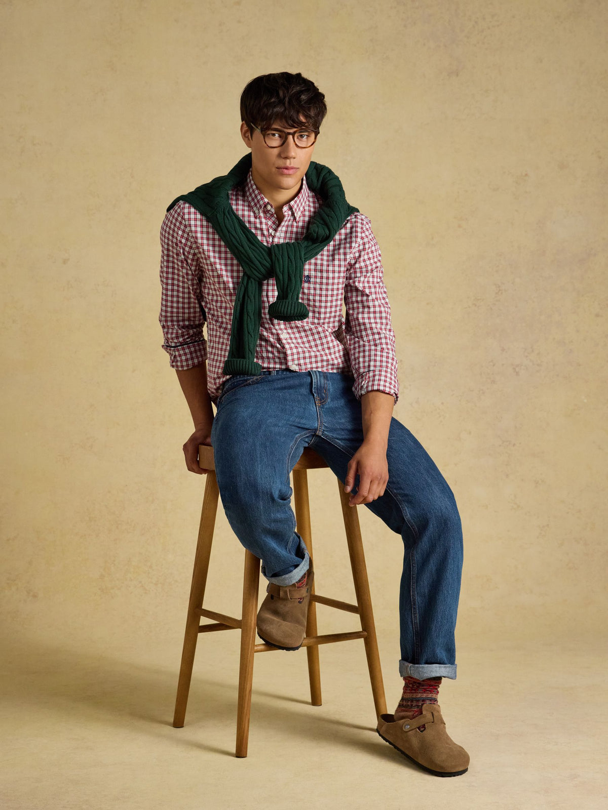 Cotton Poplin Long Sleeve Check Shirt - Burgundy Red