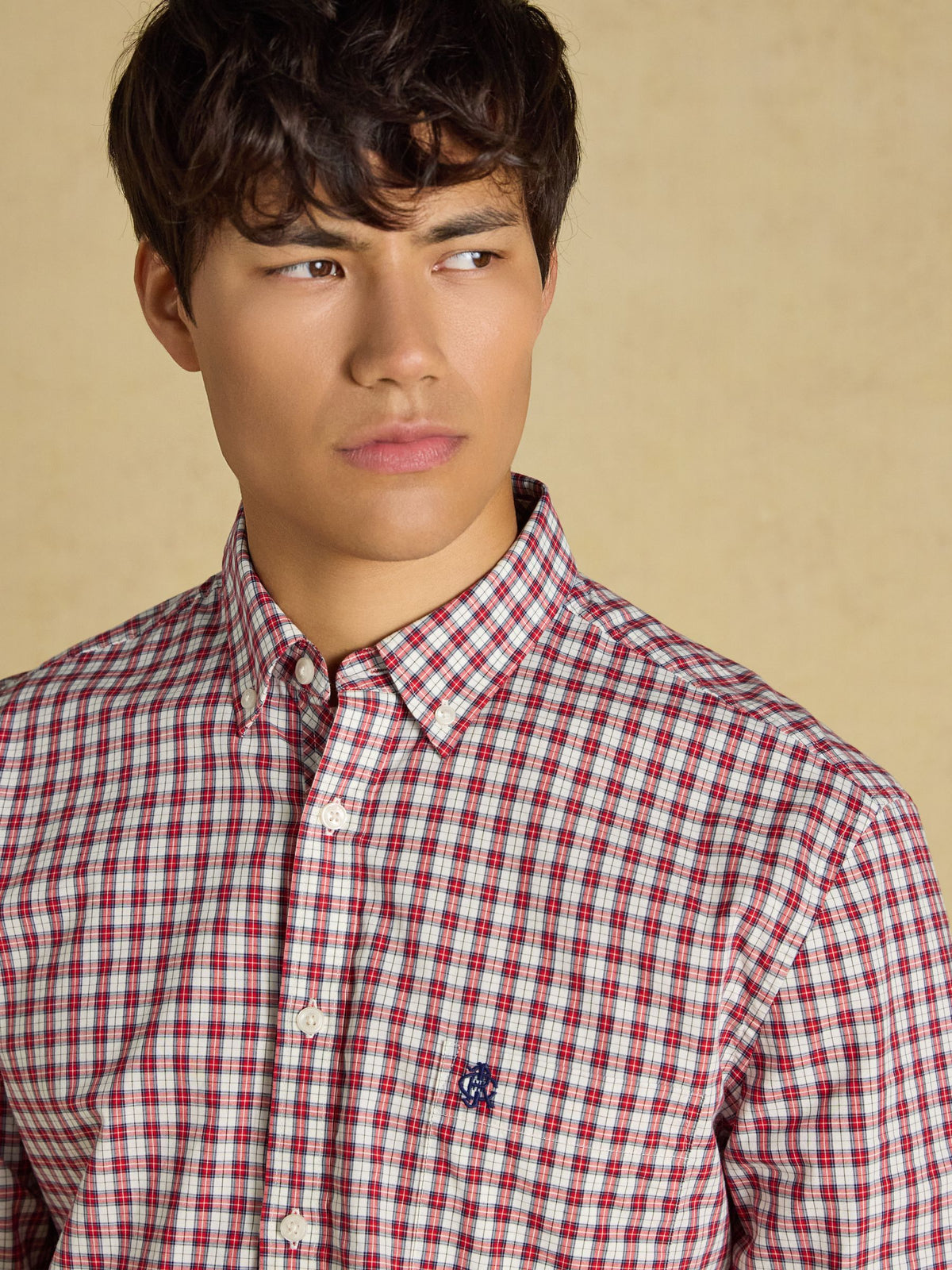 Cotton Poplin Long Sleeve Check Shirt - Burgundy Red