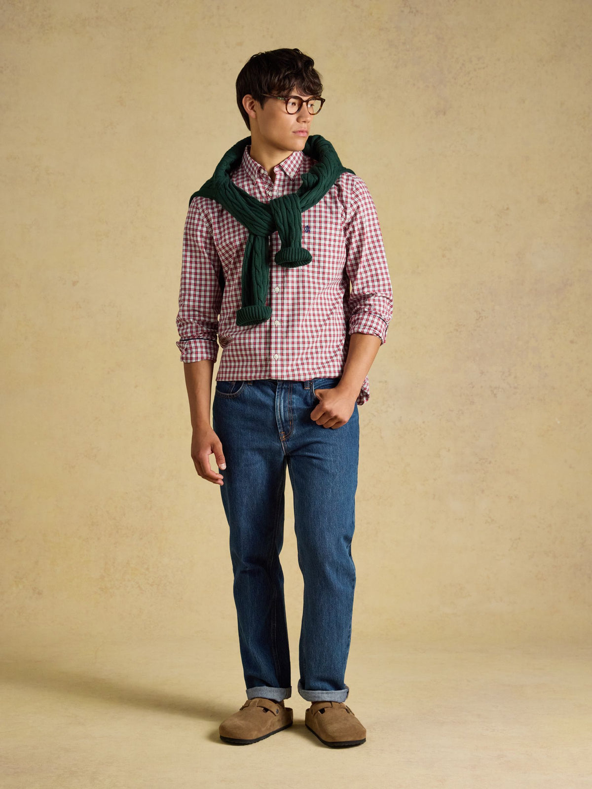 Cotton Poplin Long Sleeve Check Shirt - Burgundy Red