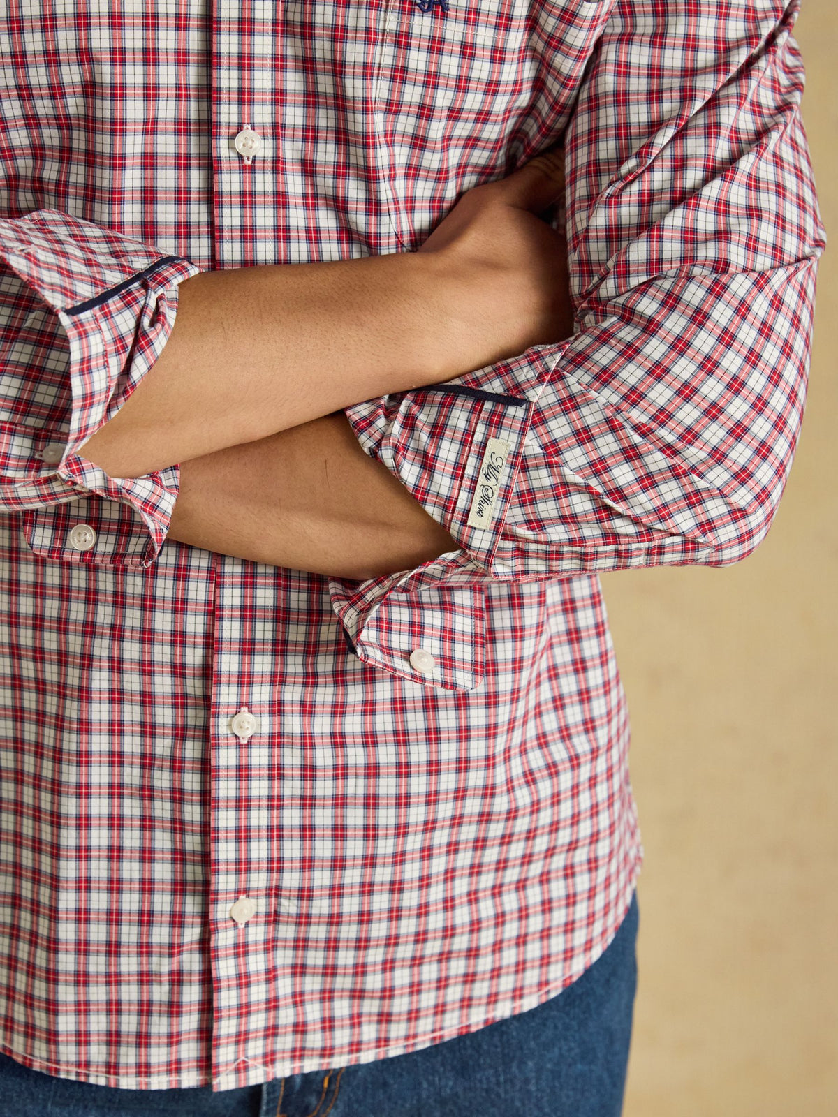 Cotton Poplin Long Sleeve Check Shirt - Burgundy Red