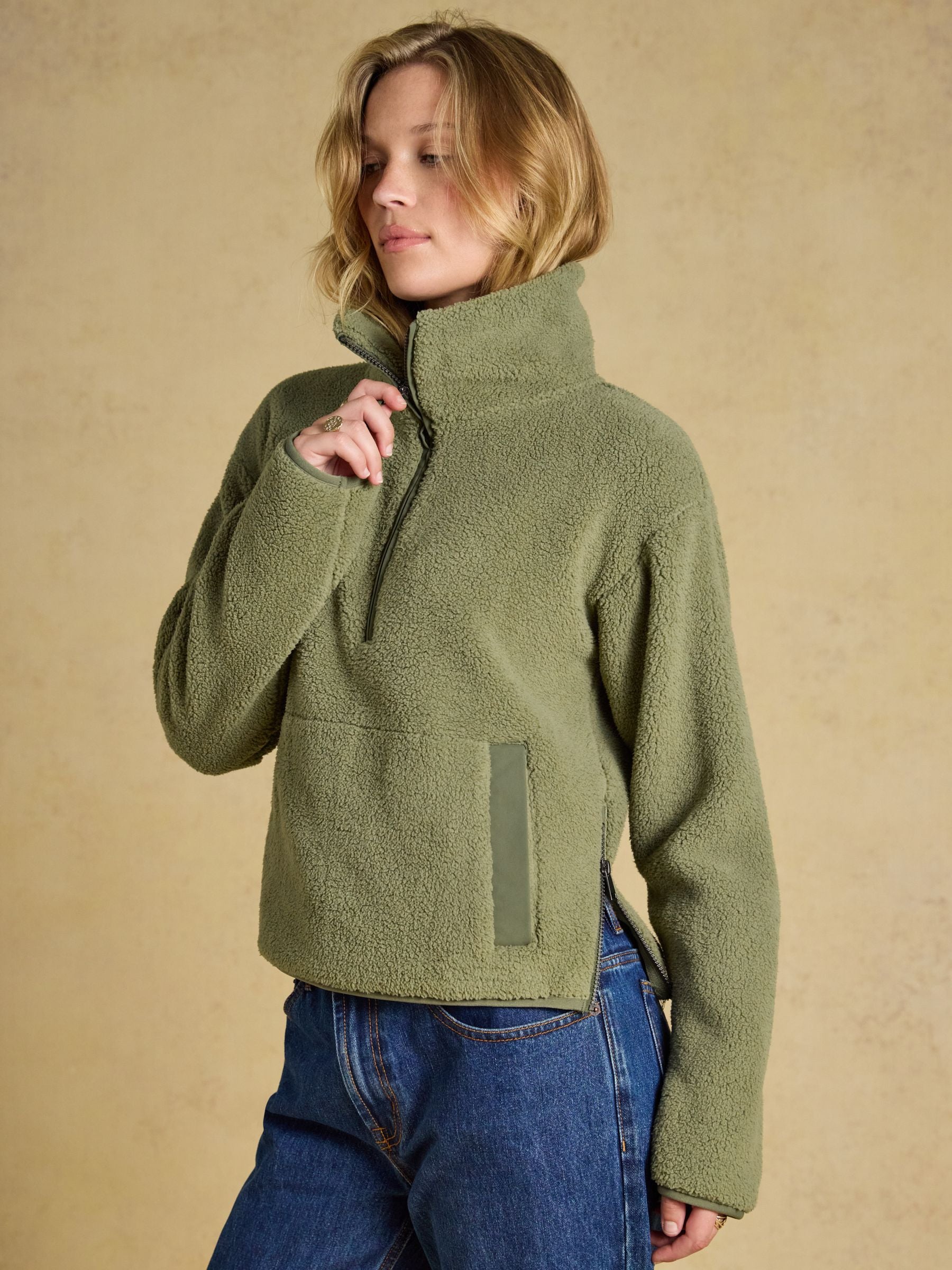 Olive Green Cropped Quarter Zip Fleece