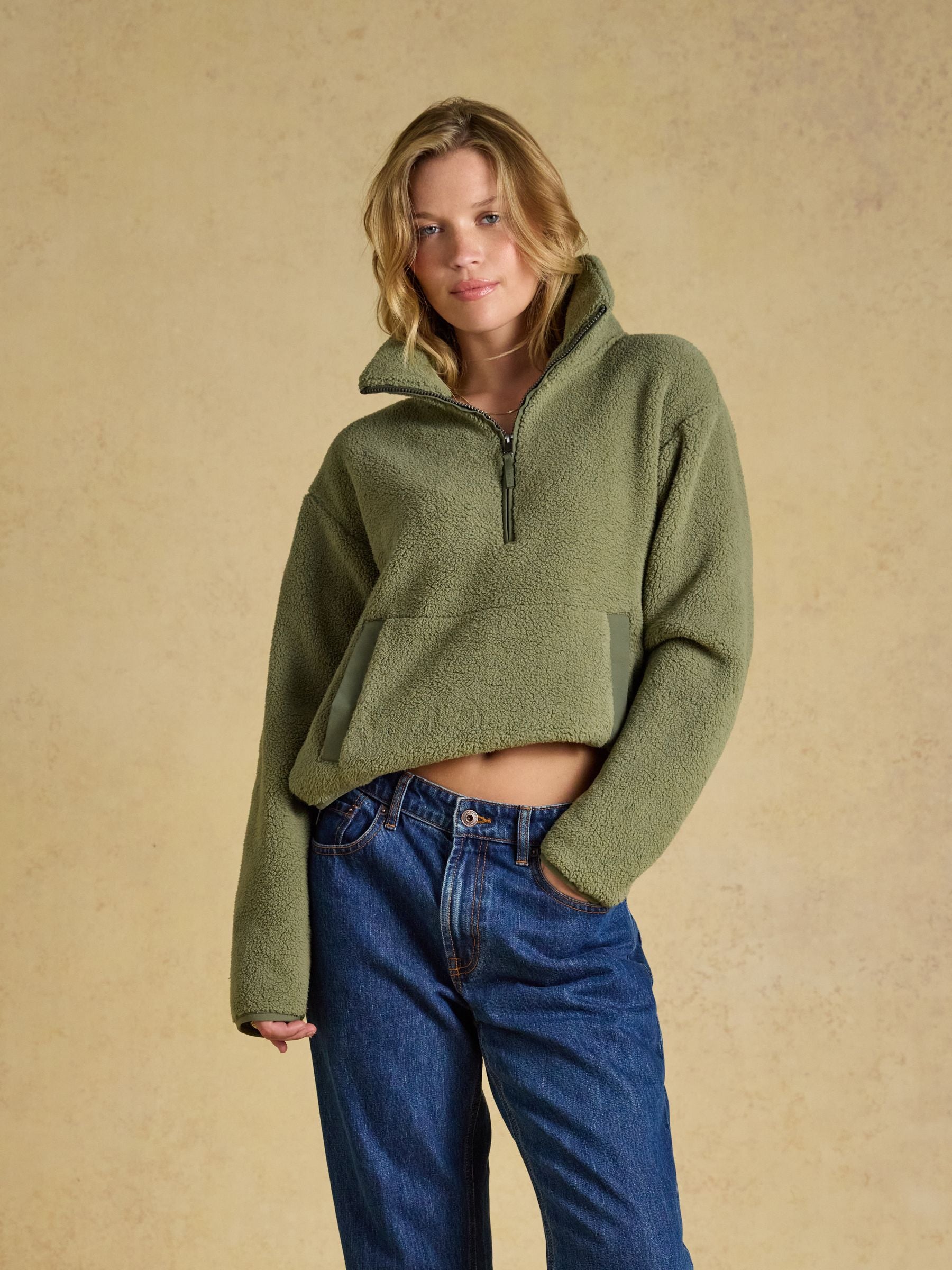 Olive Green Cropped Quarter Zip Fleece