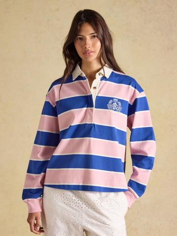Lara Pink & Blue Striped Cotton Collared Long Sleeve Rugby Shirt