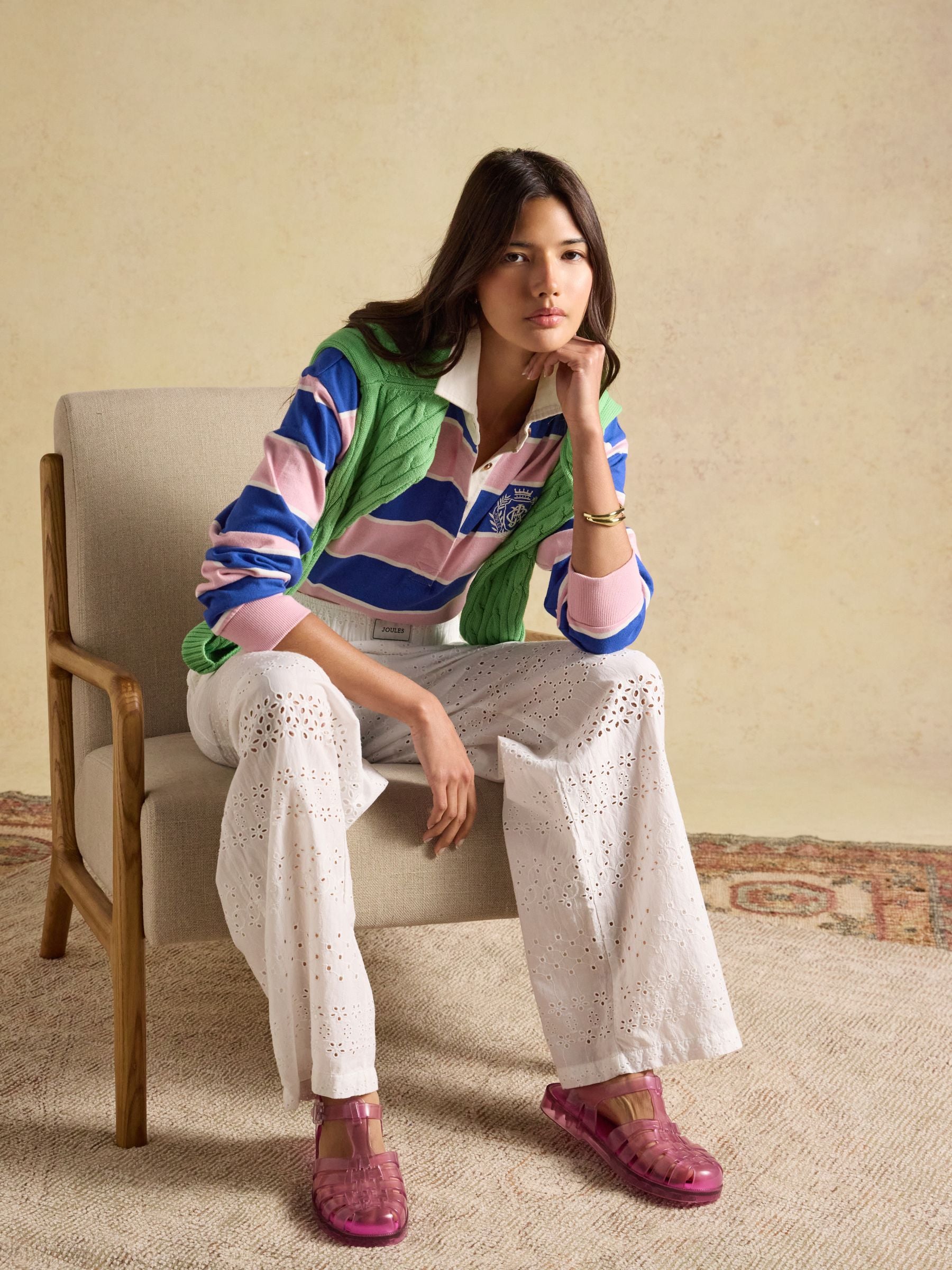 Lara Pink & Blue Striped Cotton Collared Long Sleeve Rugby Shirt