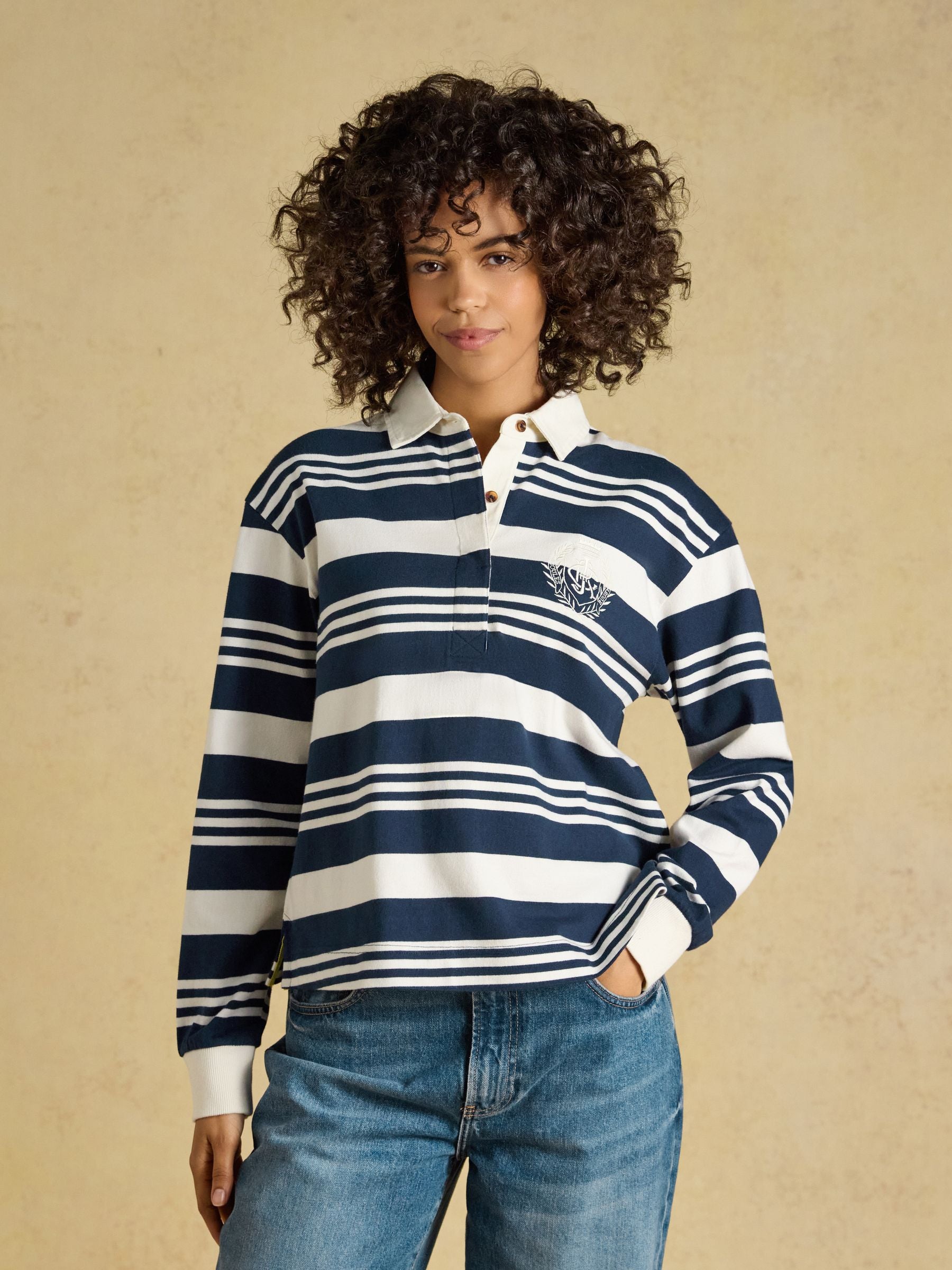Lara Navy & Cream Stripe Cotton Collared Long Sleeve Rugby Shirt