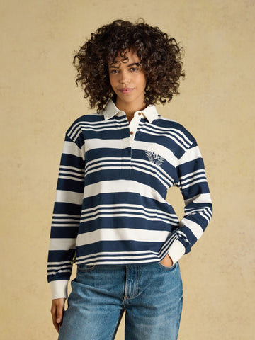 Lara Navy & Cream Stripe Cotton Collared Long Sleeve Rugby Shirt