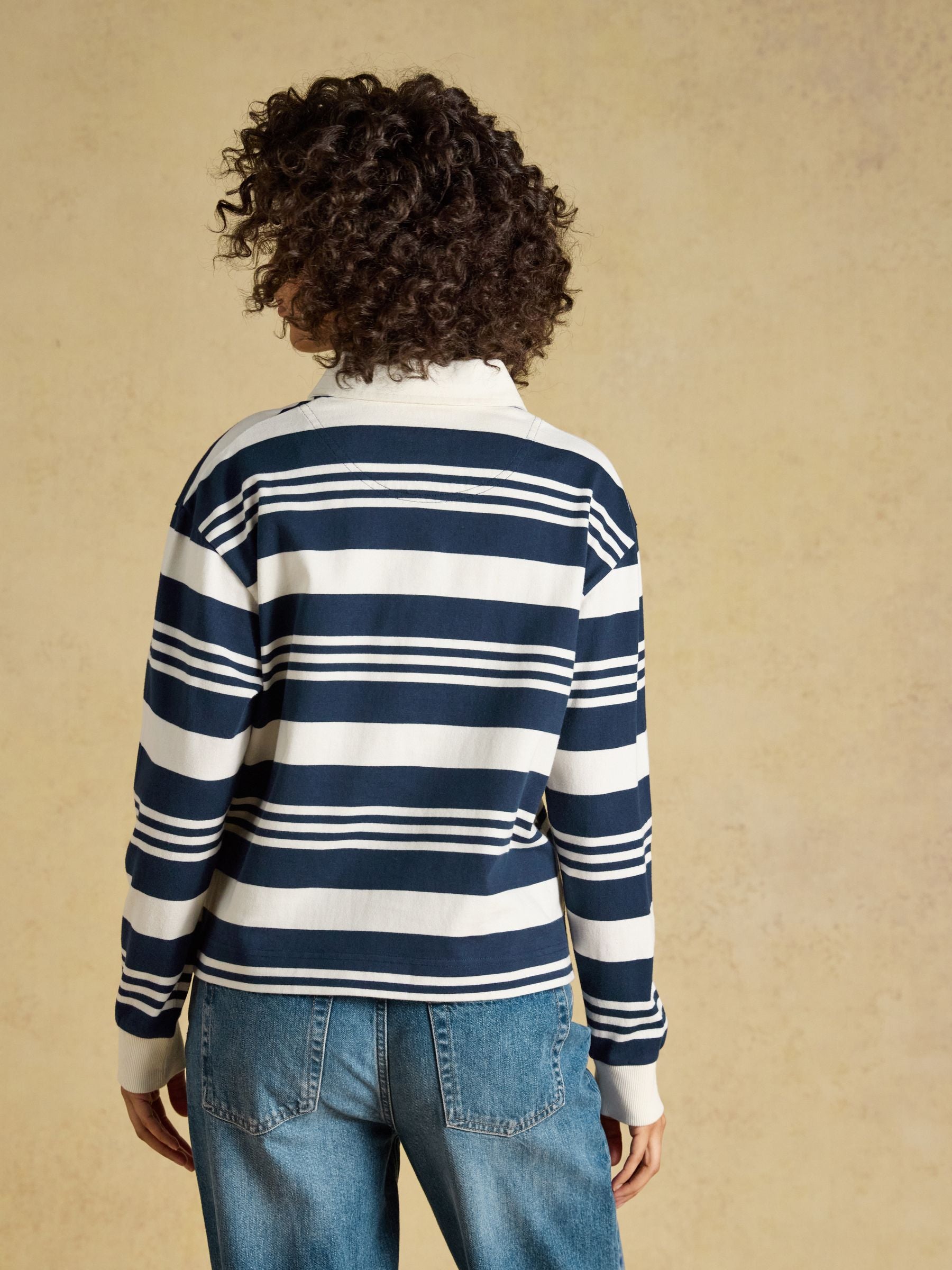 Lara Navy & Cream Stripe Cotton Collared Long Sleeve Rugby Shirt