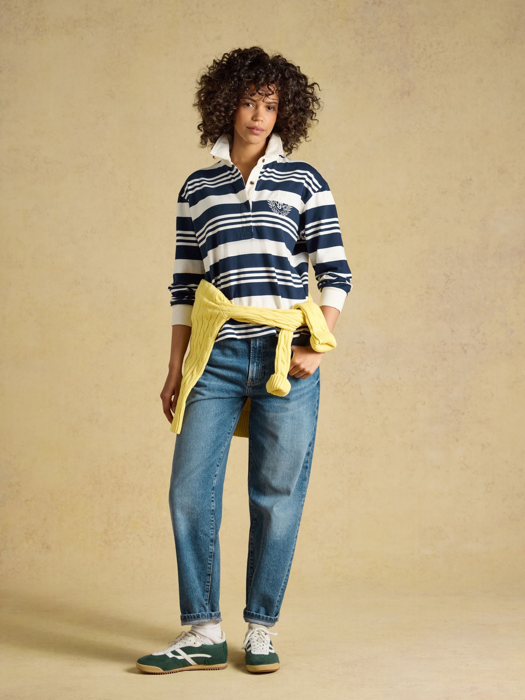 Lara Navy & Cream Stripe Cotton Collared Long Sleeve Rugby Shirt
