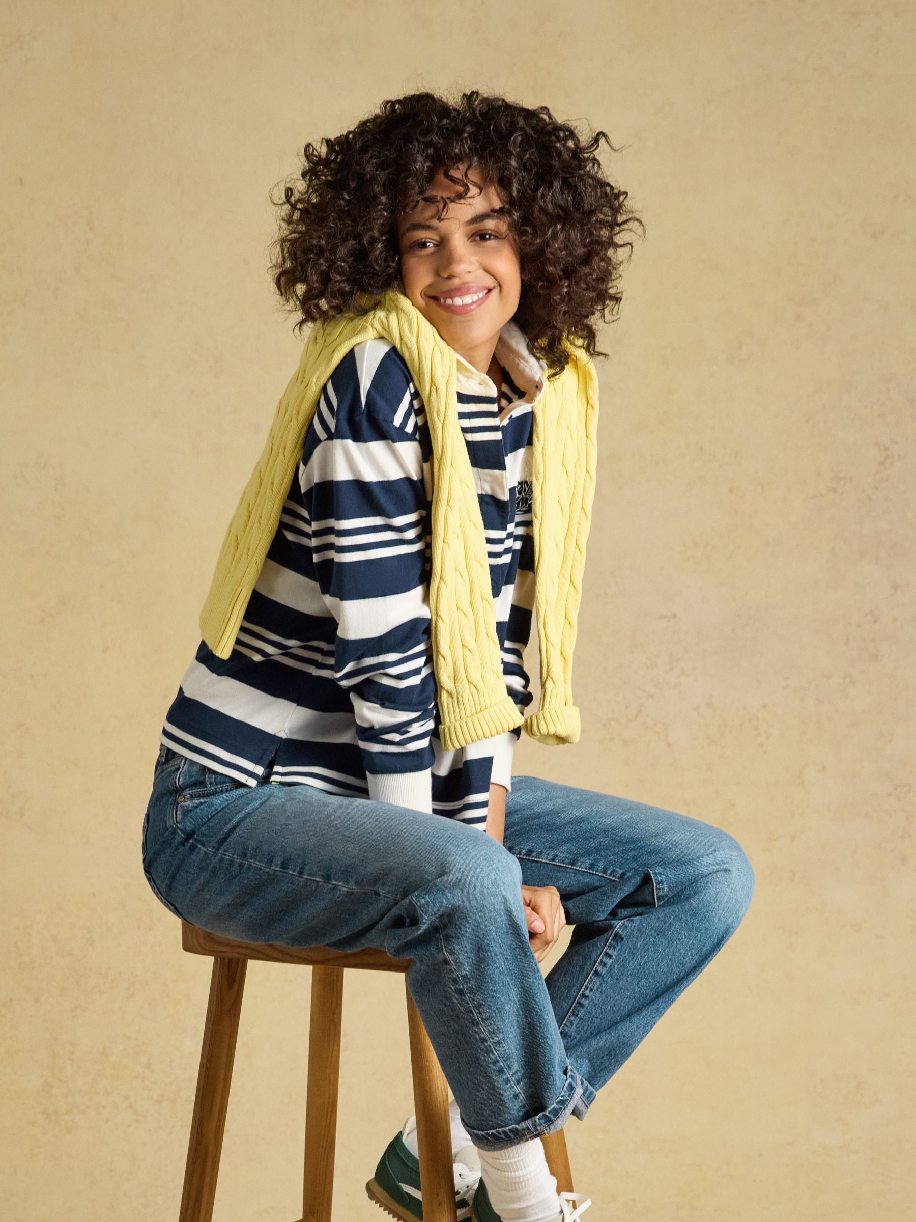Lara Navy & Cream Stripe Cotton Collared Long Sleeve Rugby Shirt