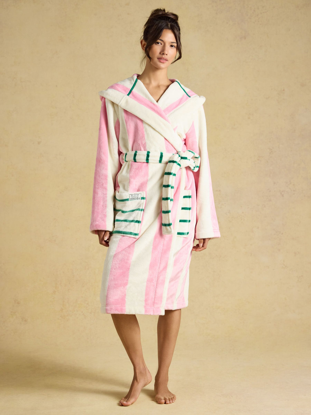 Luna Hooded Fleece Dressing Gown - Pink/Cream Stripe