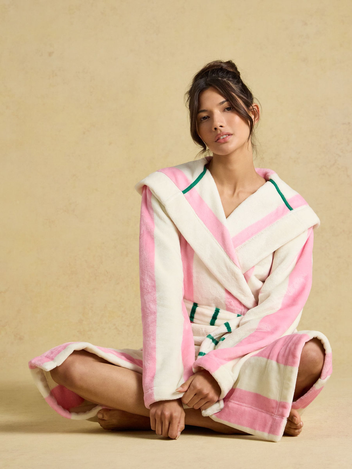 Luna Hooded Fleece Dressing Gown - Pink/Cream Stripe