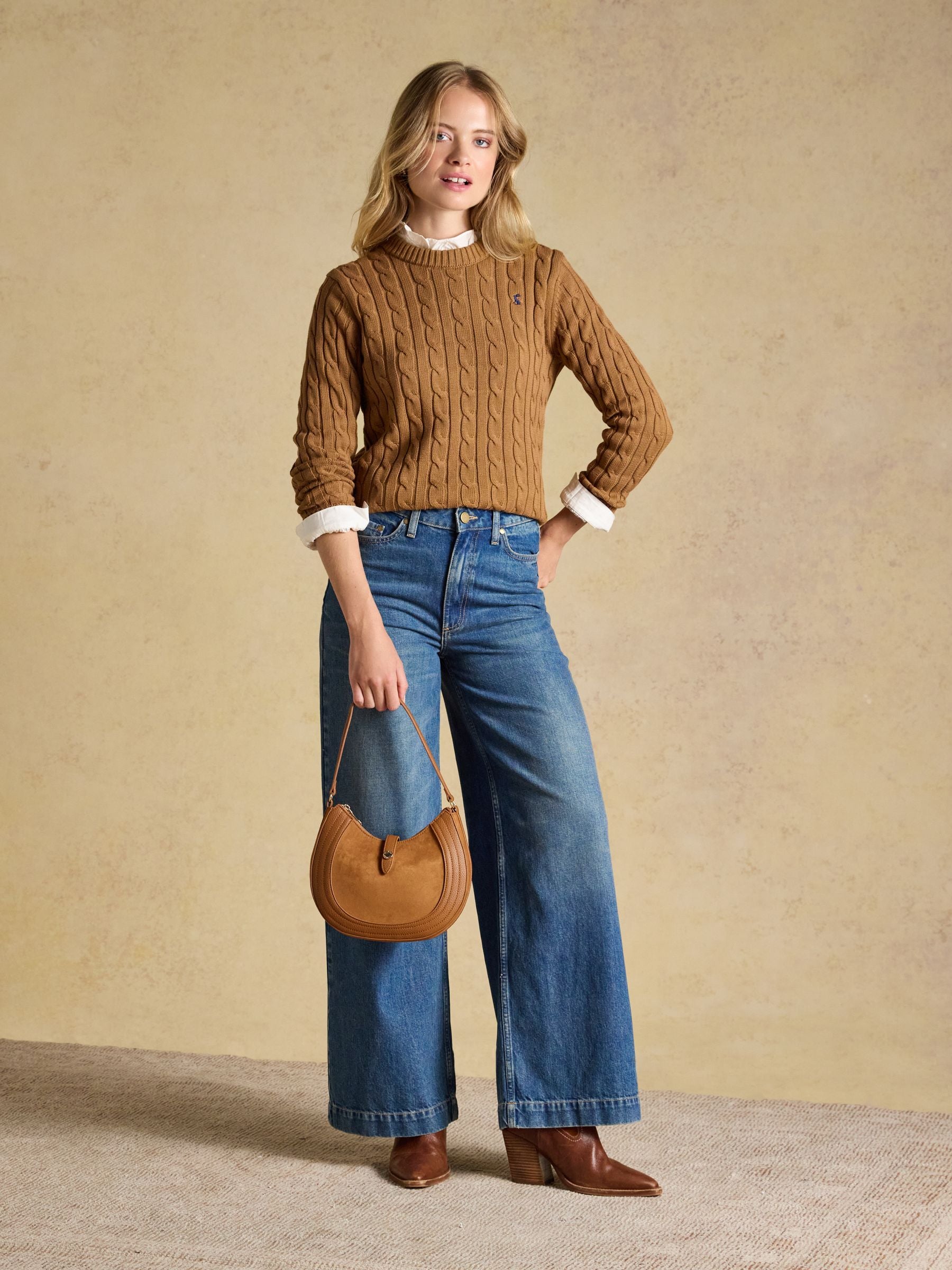 Camel Classic Crew Neck Cotton Cable Knit Jumper