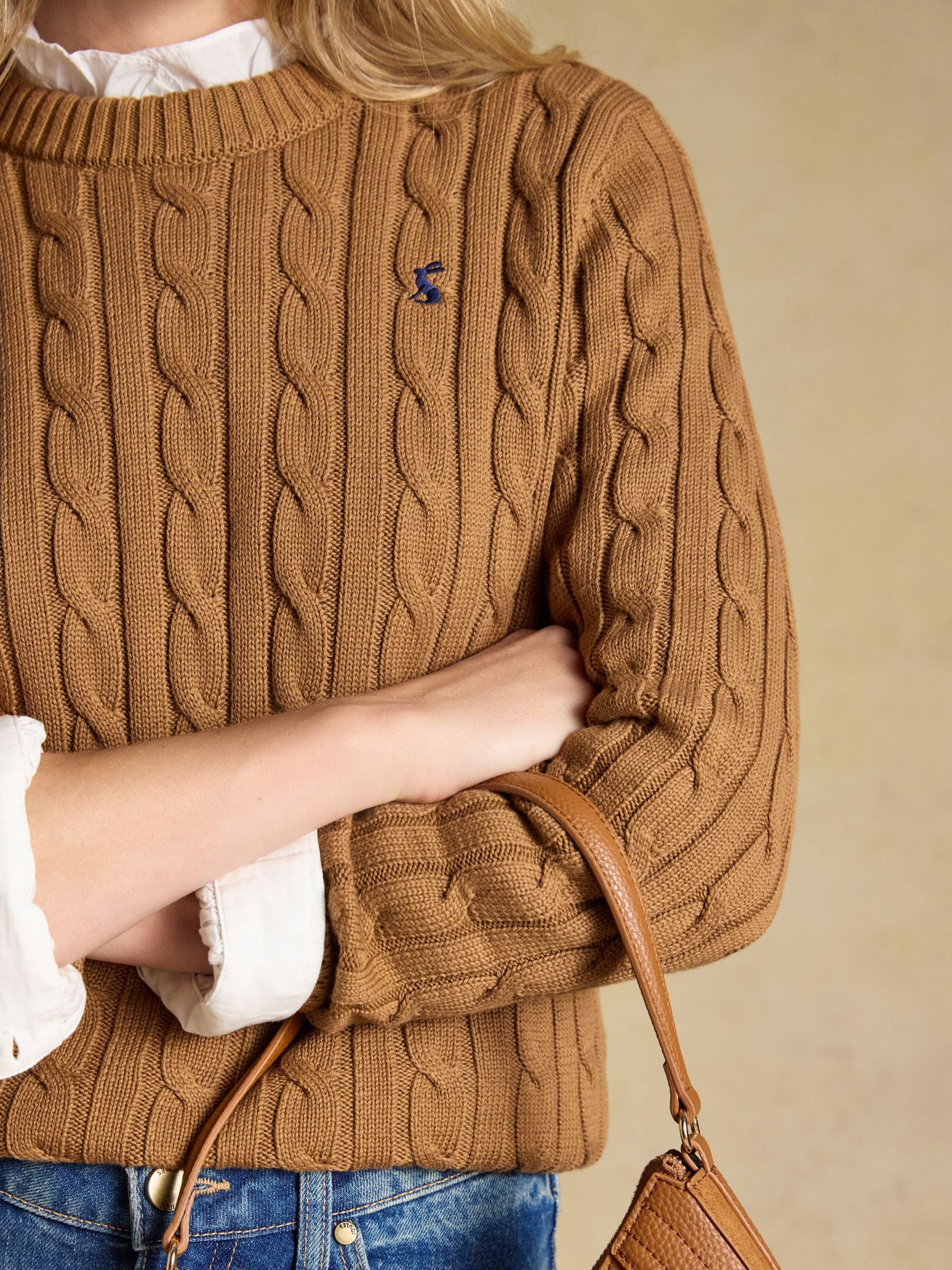 Camel Classic Crew Neck Cotton Cable Knit Jumper