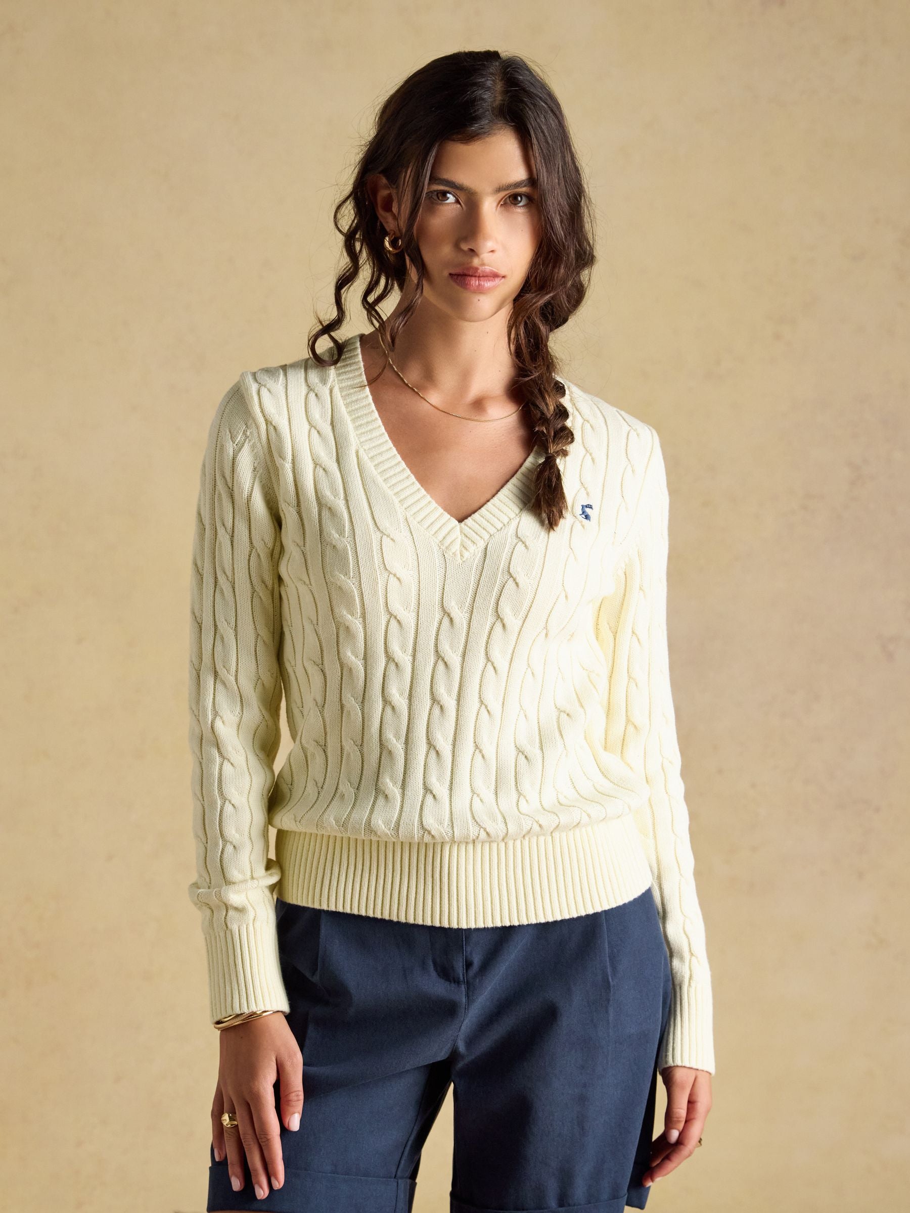 Cream Classic V-Neck Cotton Cable Knit Jumper