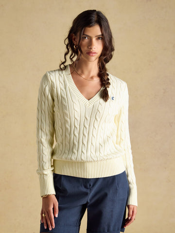 Cream Classic V-Neck Cotton Cable Knit Jumper