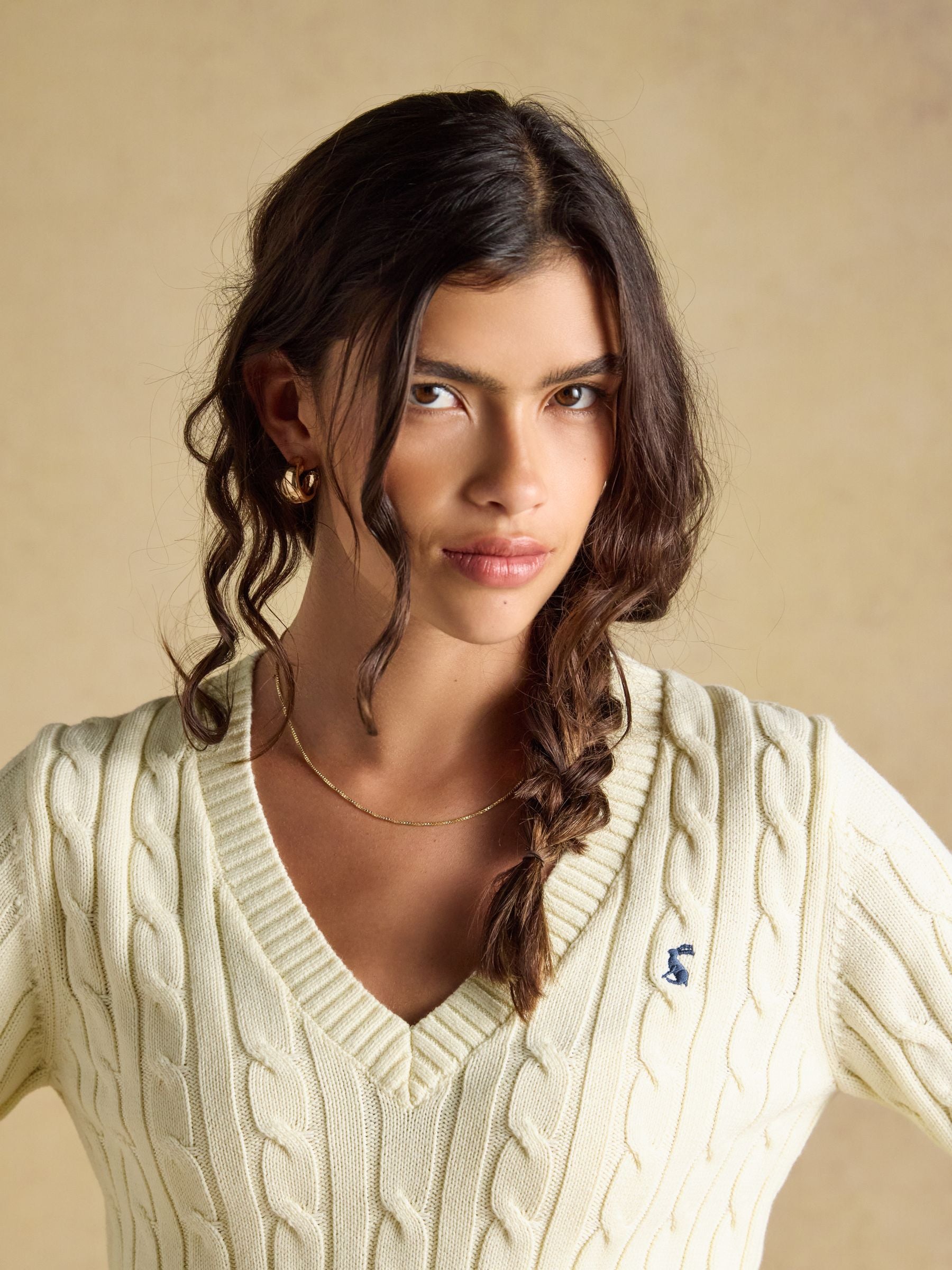 Cream Classic V-Neck Cotton Cable Knit Jumper