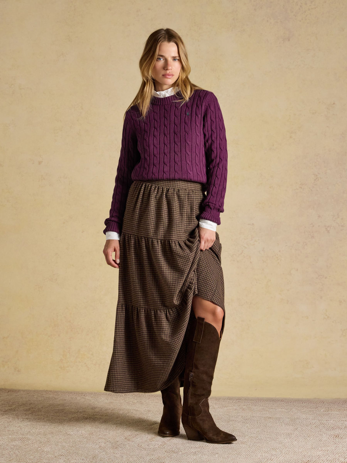 Classic Crew Neck Cotton Cable Knit Jumper - Purple Berry