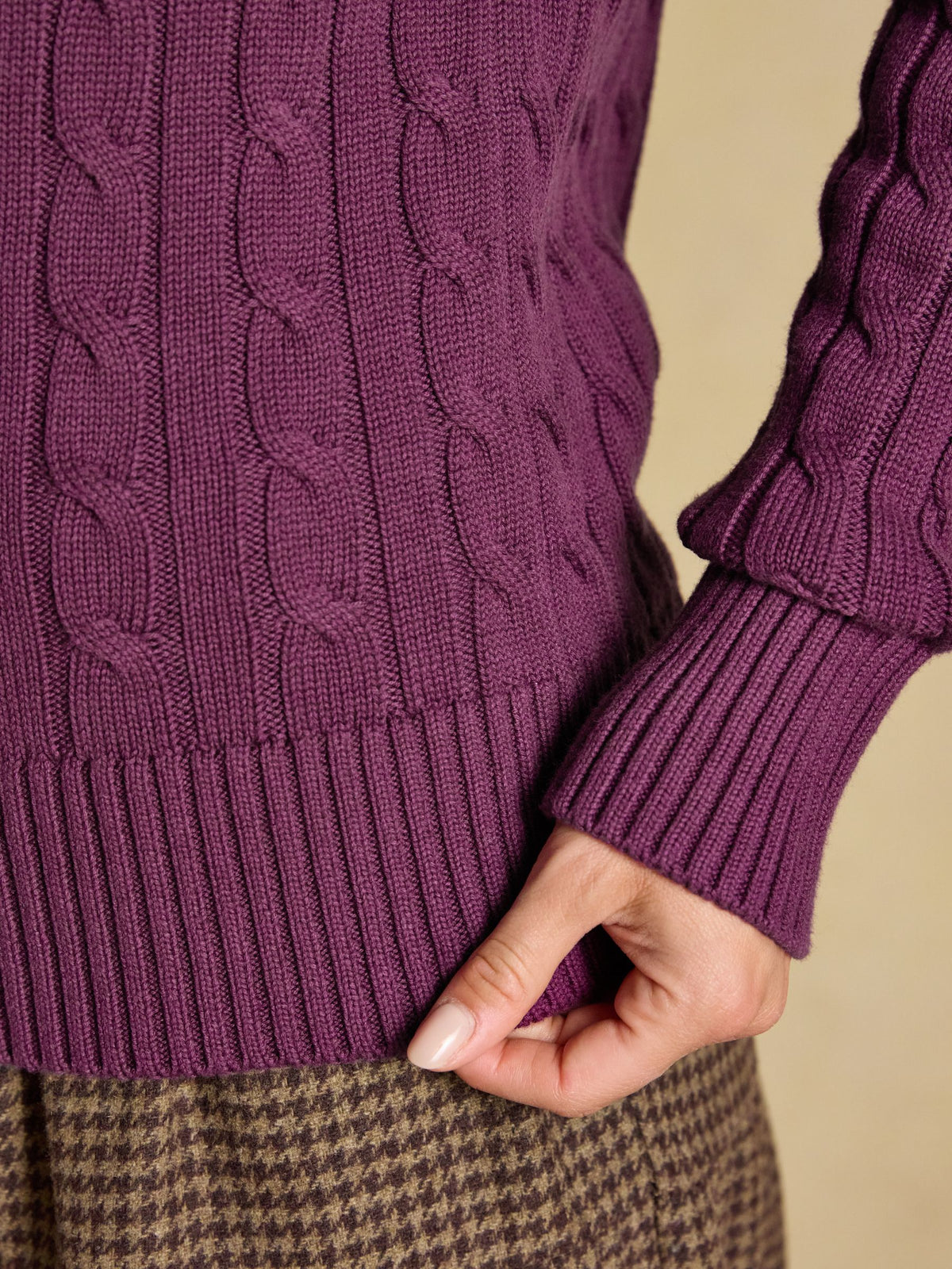 Classic Crew Neck Cotton Cable Knit Jumper - Purple Berry