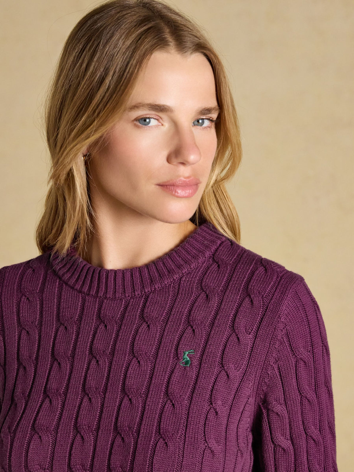 Classic Crew Neck Cotton Cable Knit Jumper - Purple Berry