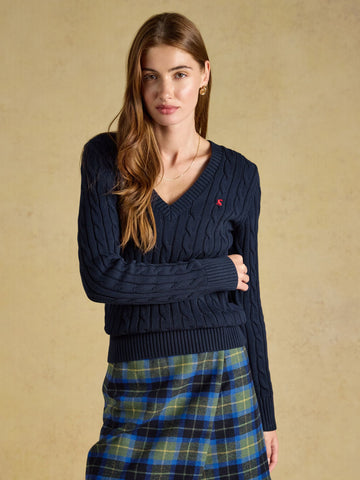Navy Classic V-Neck Cotton Cable Knit Jumper