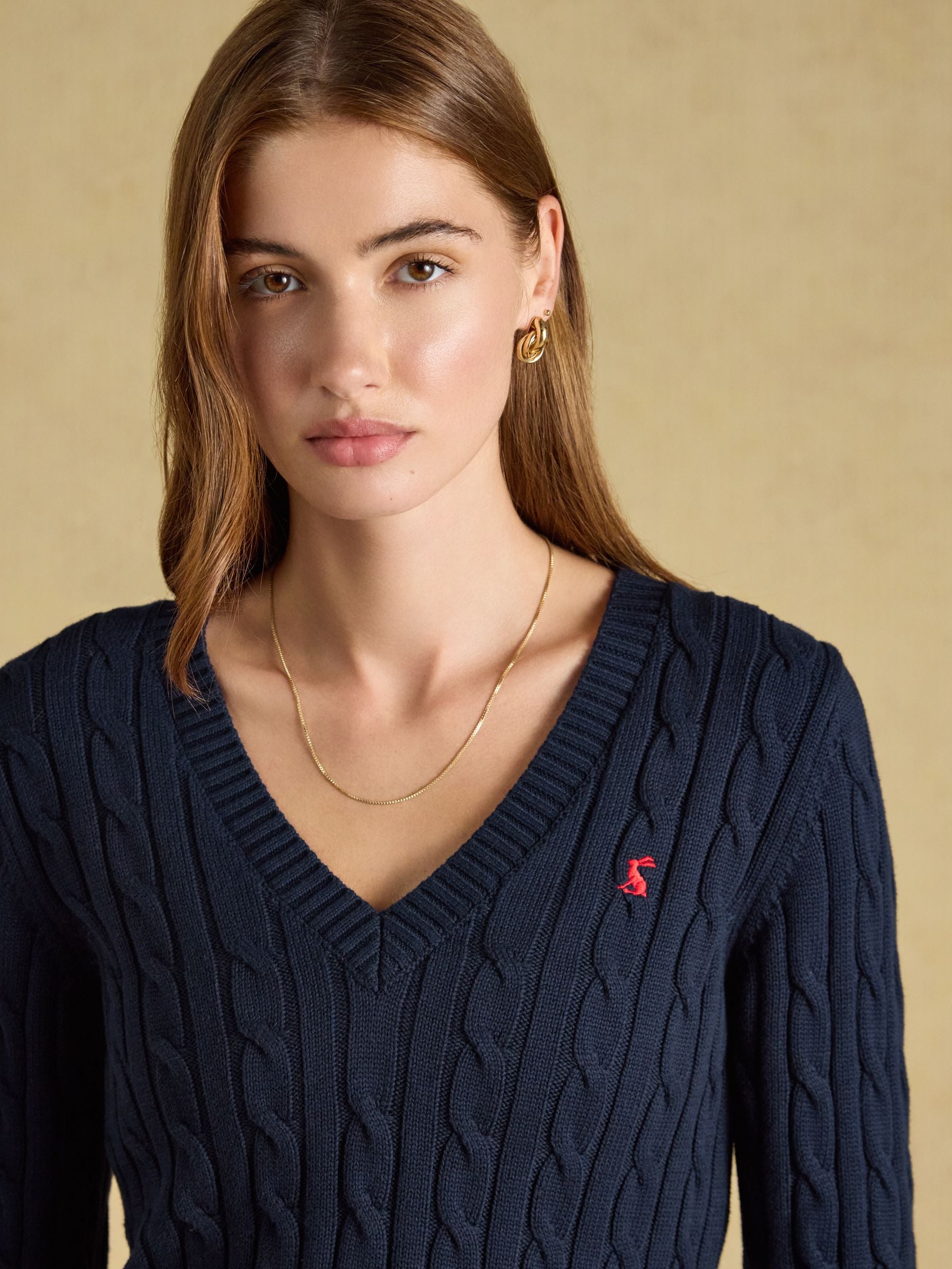 Navy Classic V-Neck Cotton Cable Knit Jumper