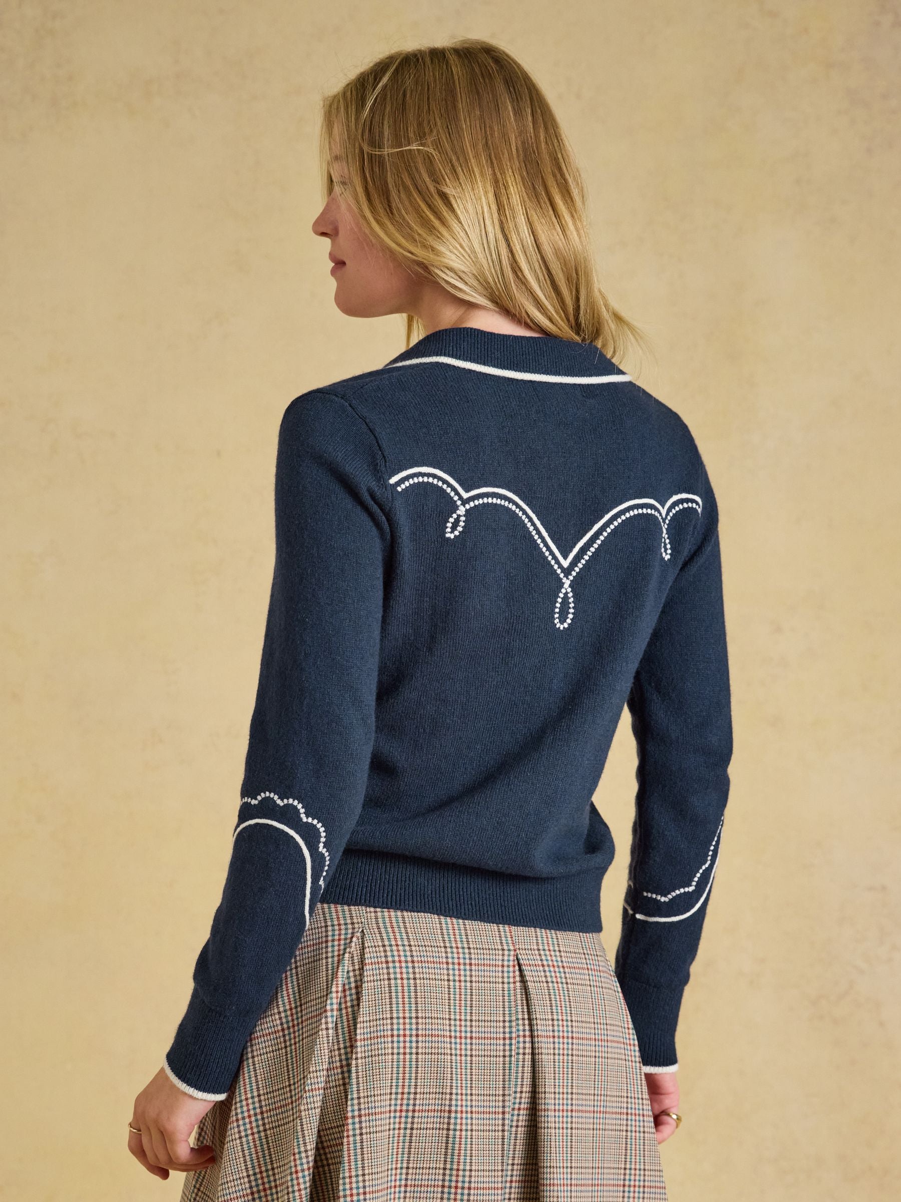 Western Jumper Navy Embroidered Cotton Blend Collared Knitted Jumper